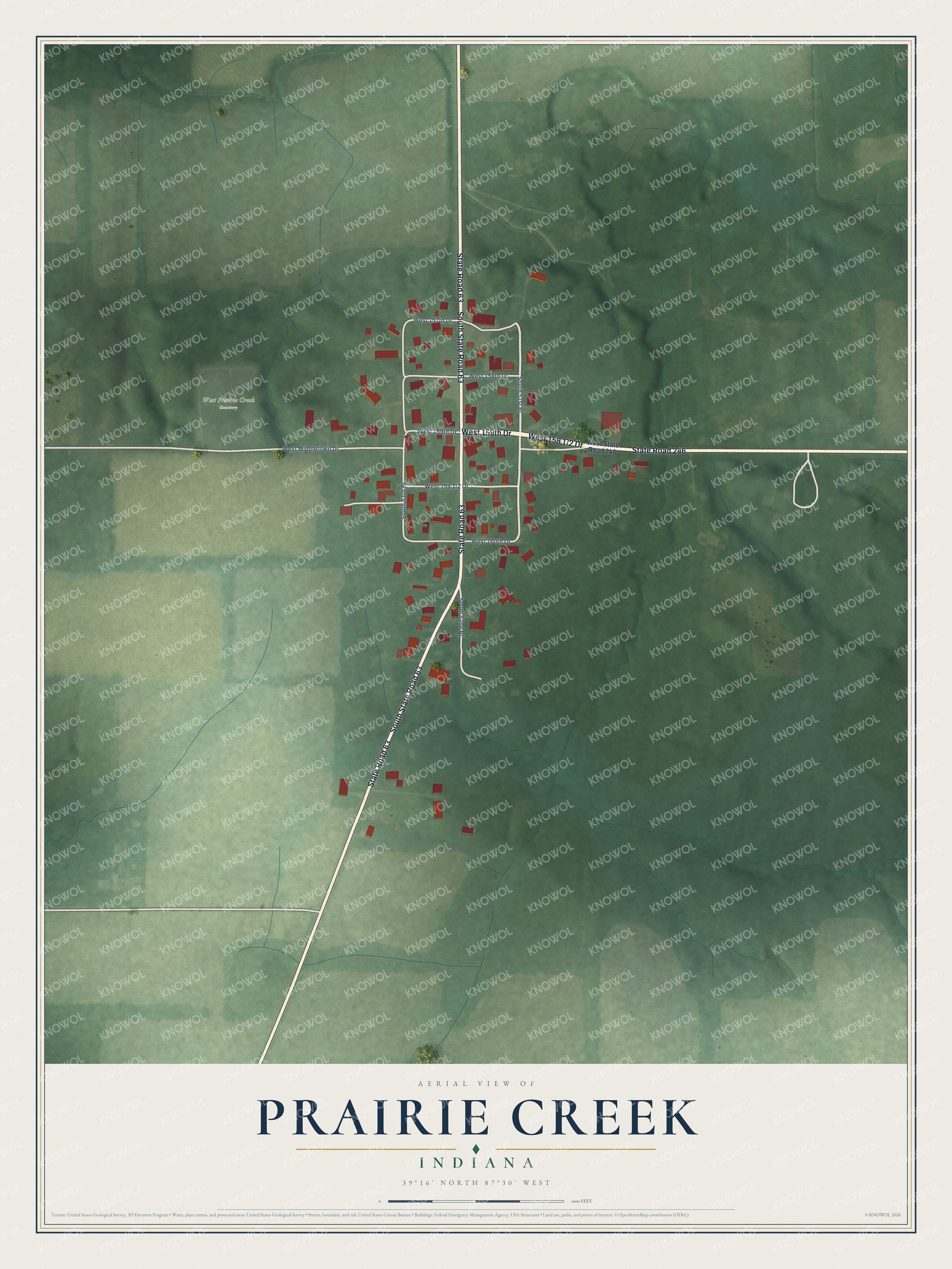 Full map of Prairie Creek, Indiana, with red buildings, printed street names and the land around them