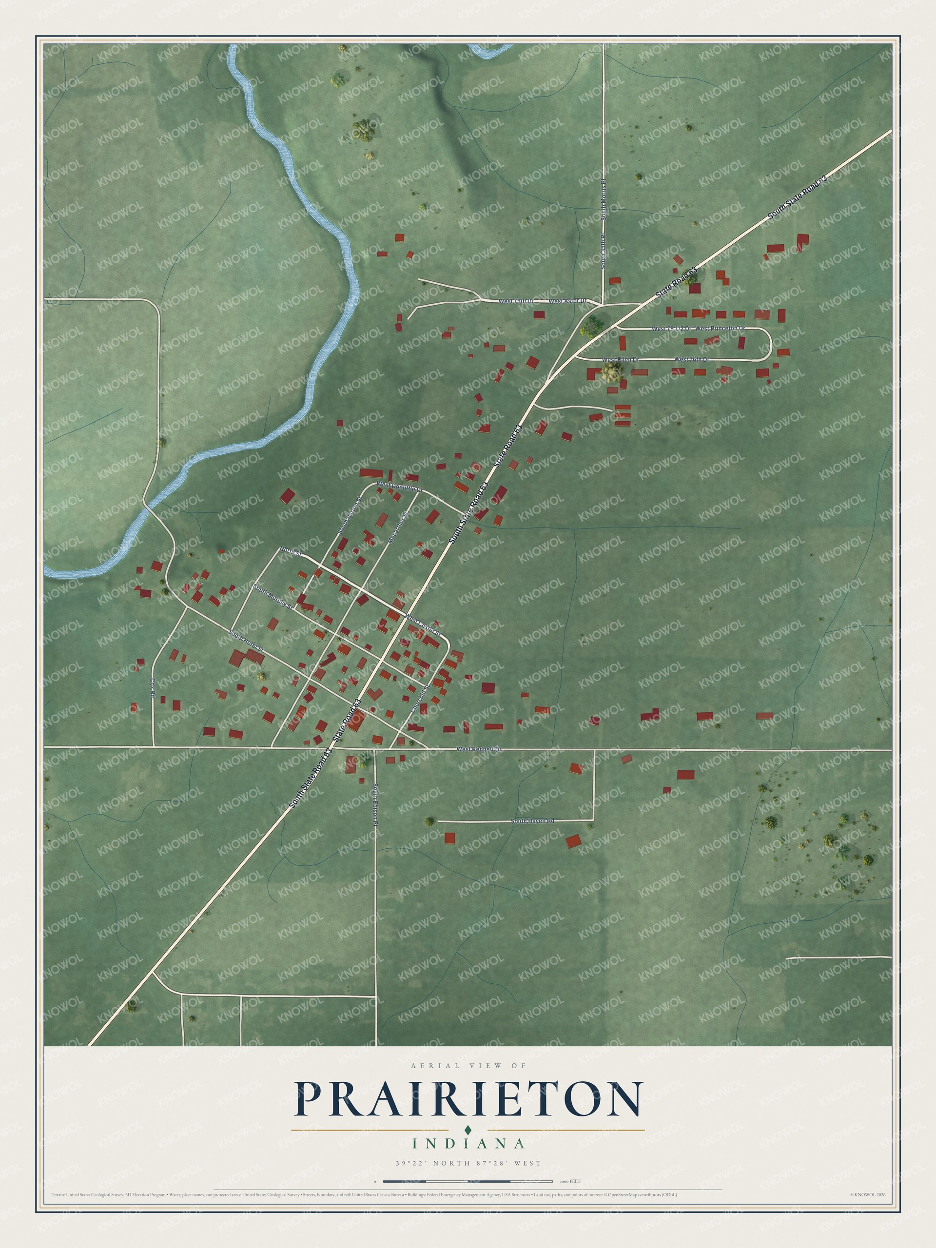 Full map of Prairieton, Indiana, with red buildings, printed street names and the land around them