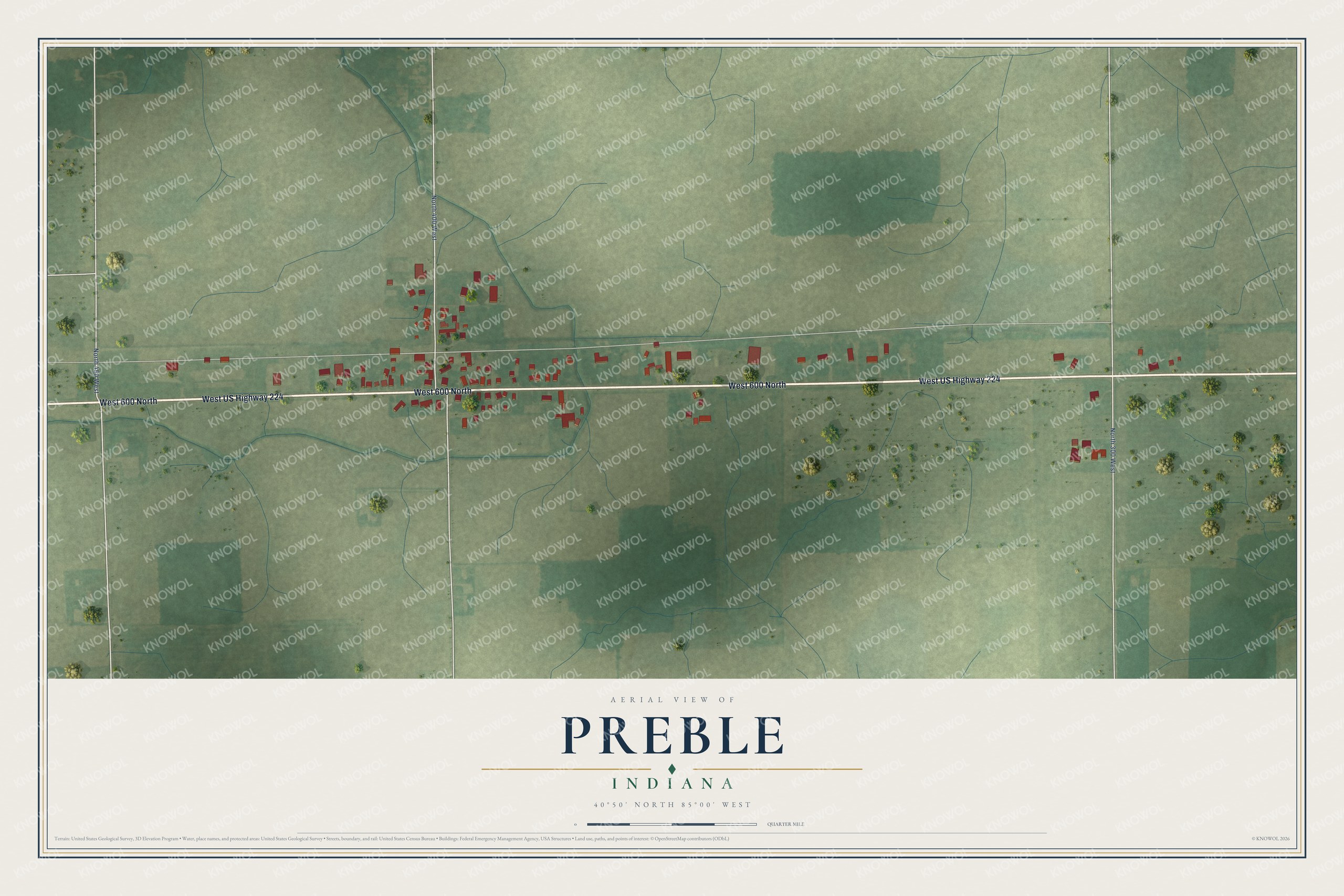 Full map of Preble, Indiana, with red buildings, printed street names and the land around them