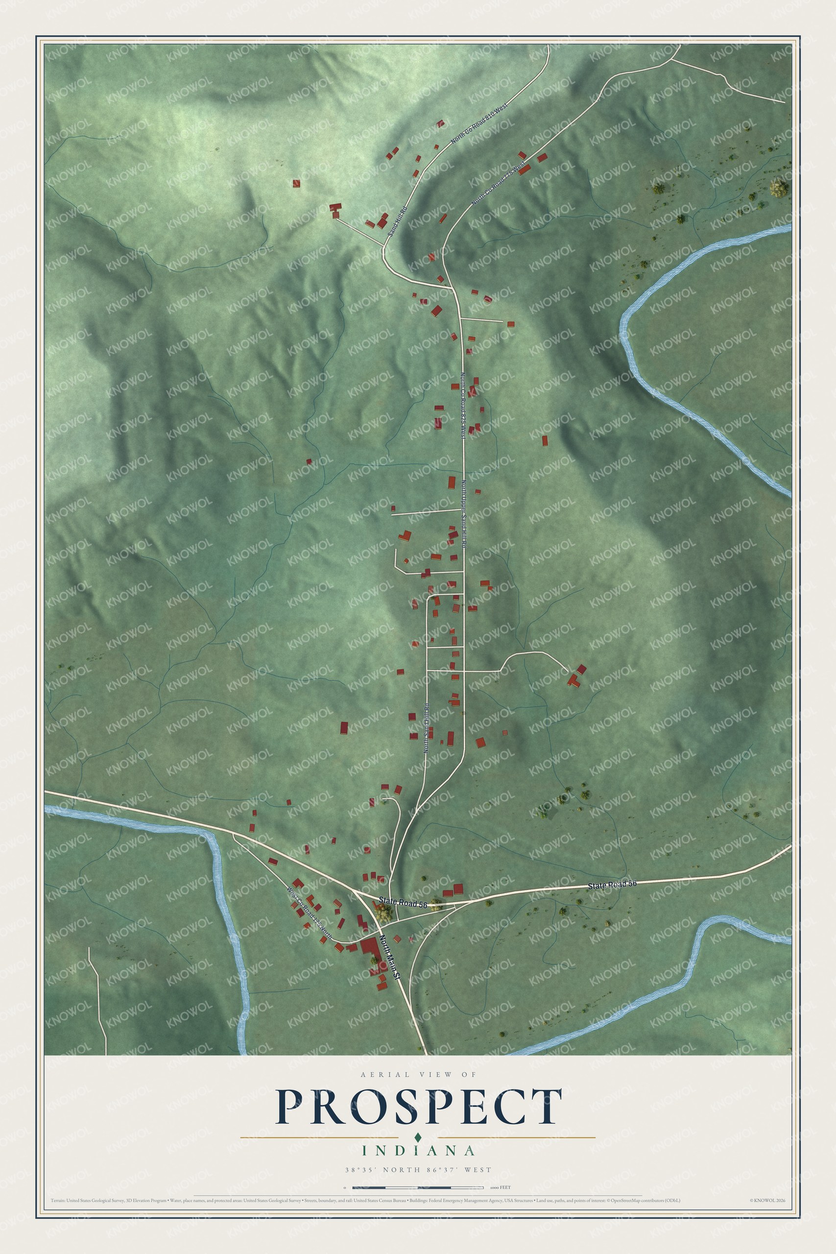 Full map of Prospect, Indiana, with red buildings, printed street names and the land around them