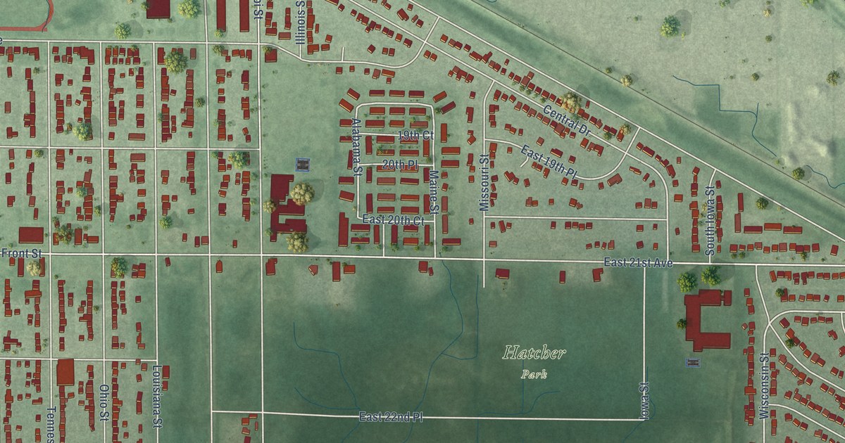 Close-up of streets and buildings in Pulaski, Gary, Indiana