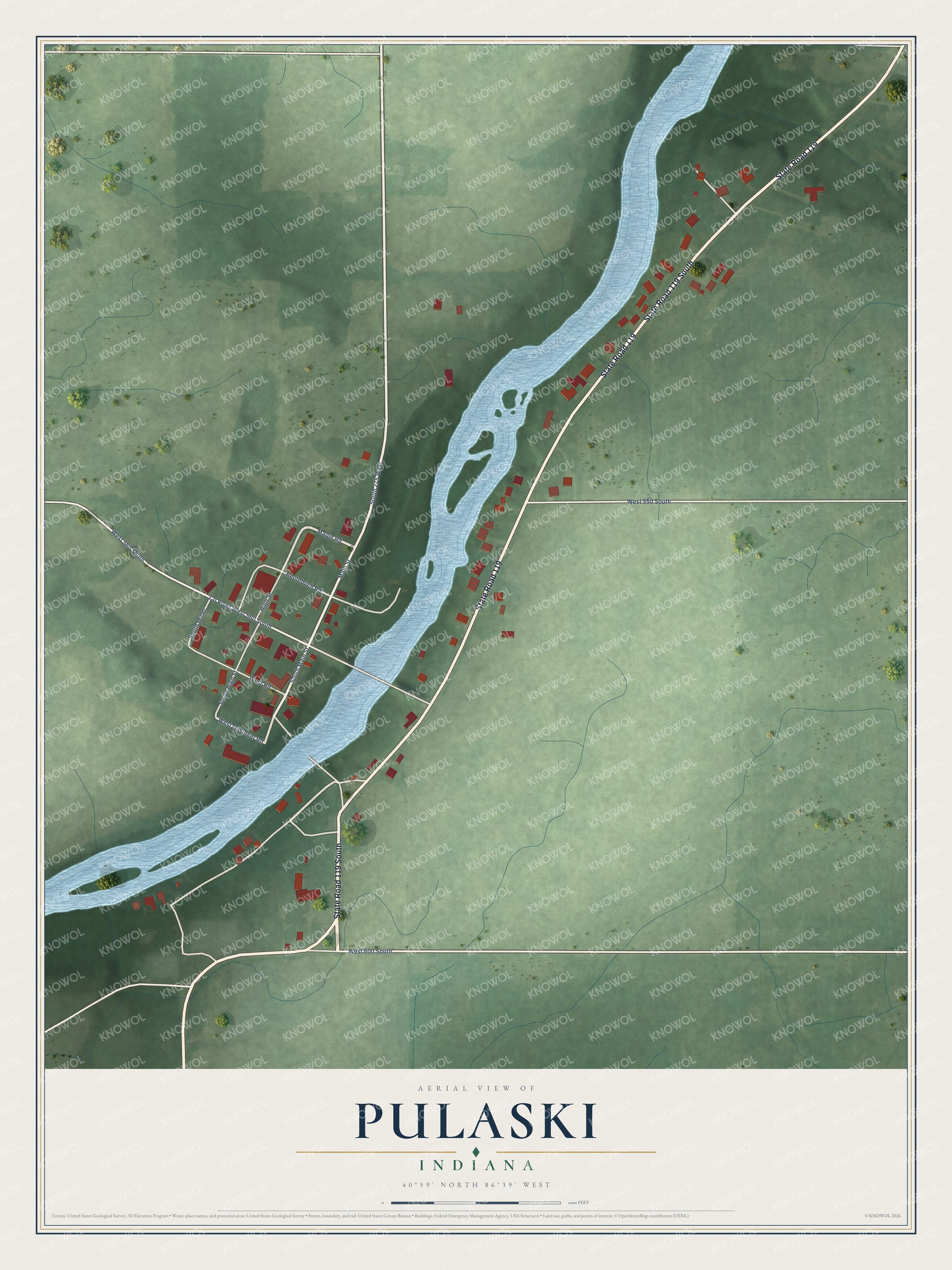 Full map of Pulaski, Indiana, with red buildings, printed street names and the land around them