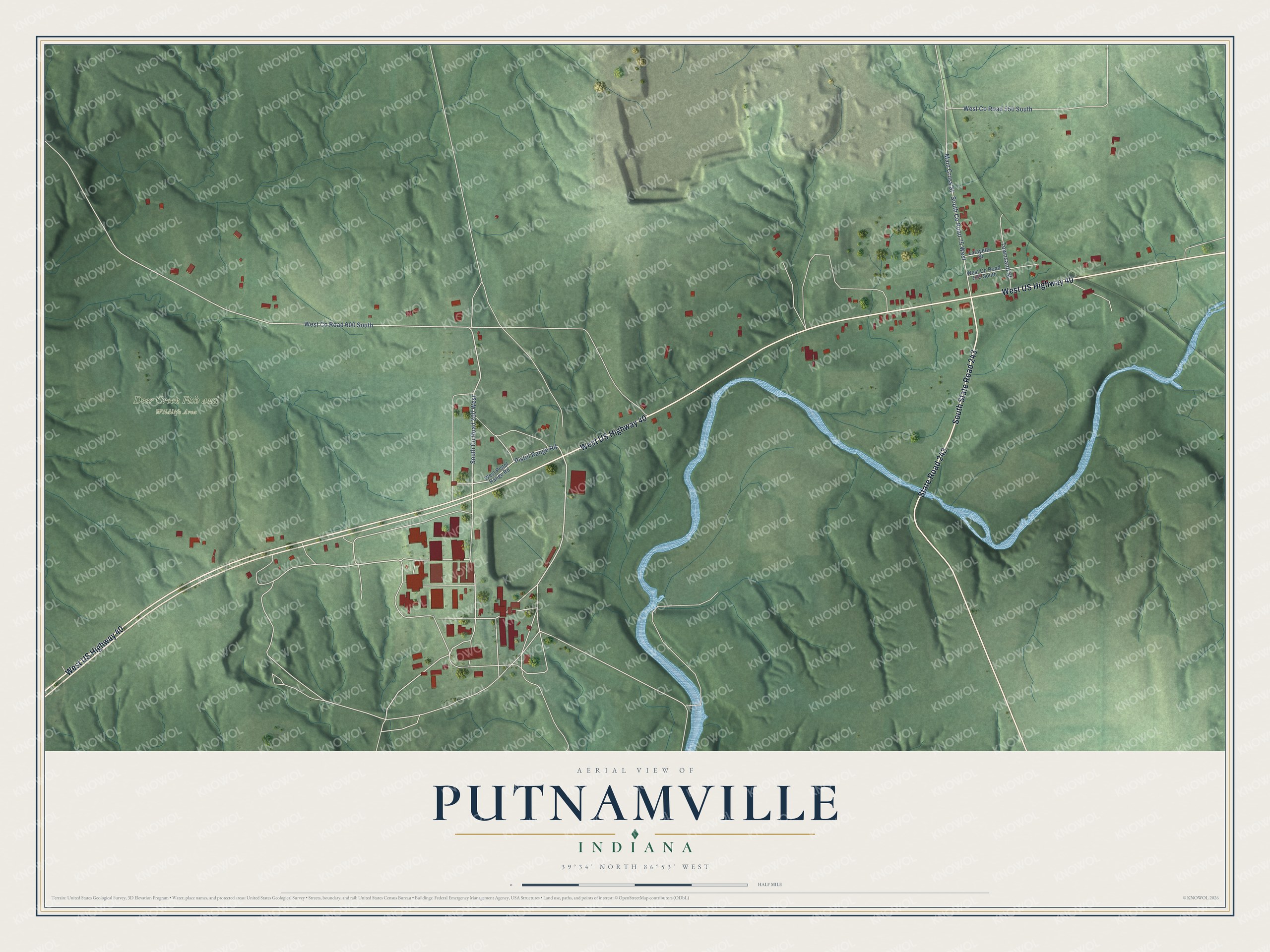 Full map of Putnamville, Indiana, with red buildings, printed street names and the land around them