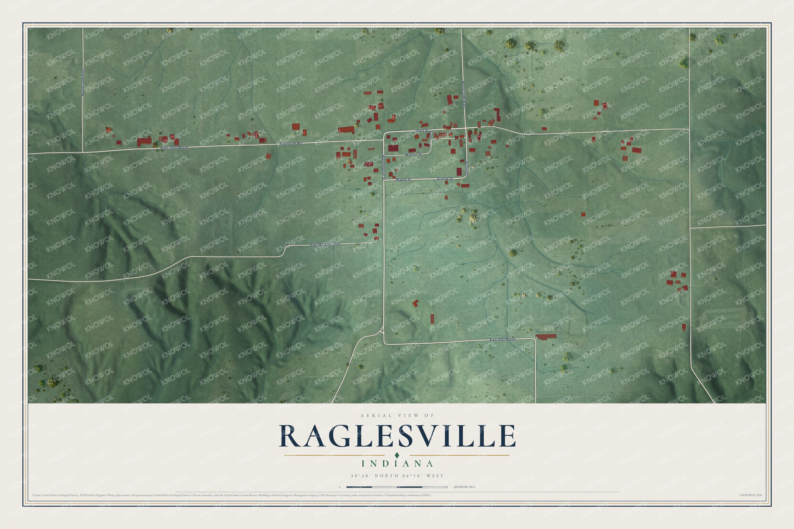 Full map of Raglesville, Indiana, with red buildings, printed street names and the land around them