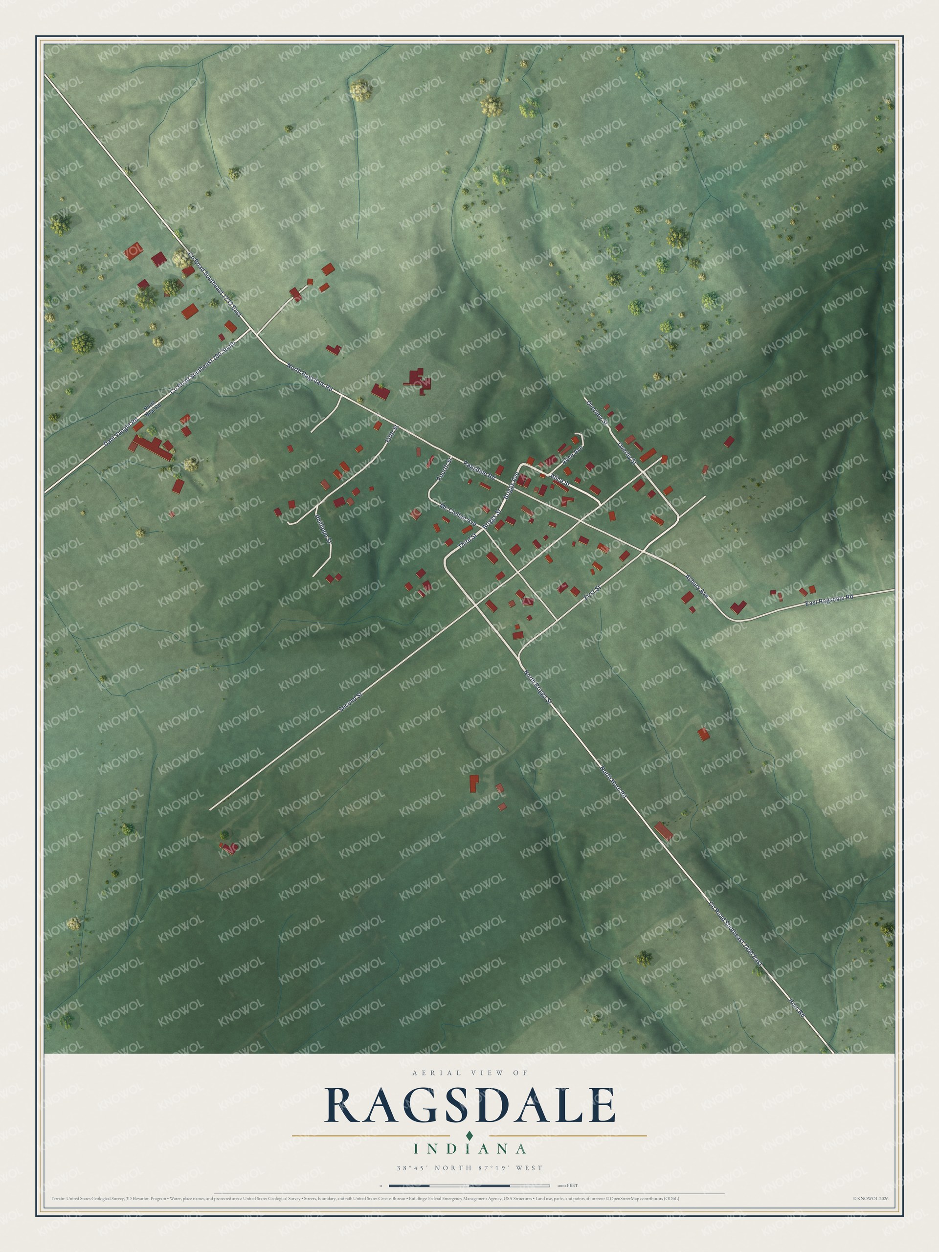 Full map of Ragsdale, Indiana, with red buildings, printed street names and the land around them