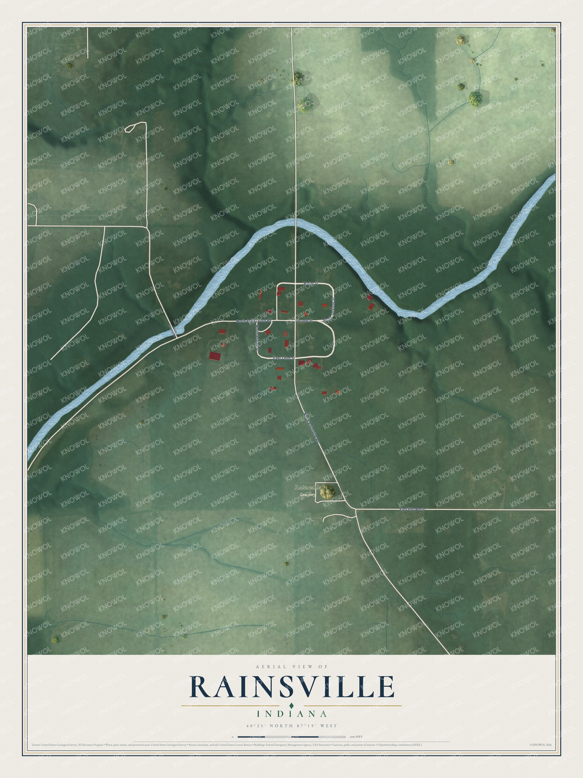 Full map of Rainsville, Indiana, with red buildings, printed street names and the land around them