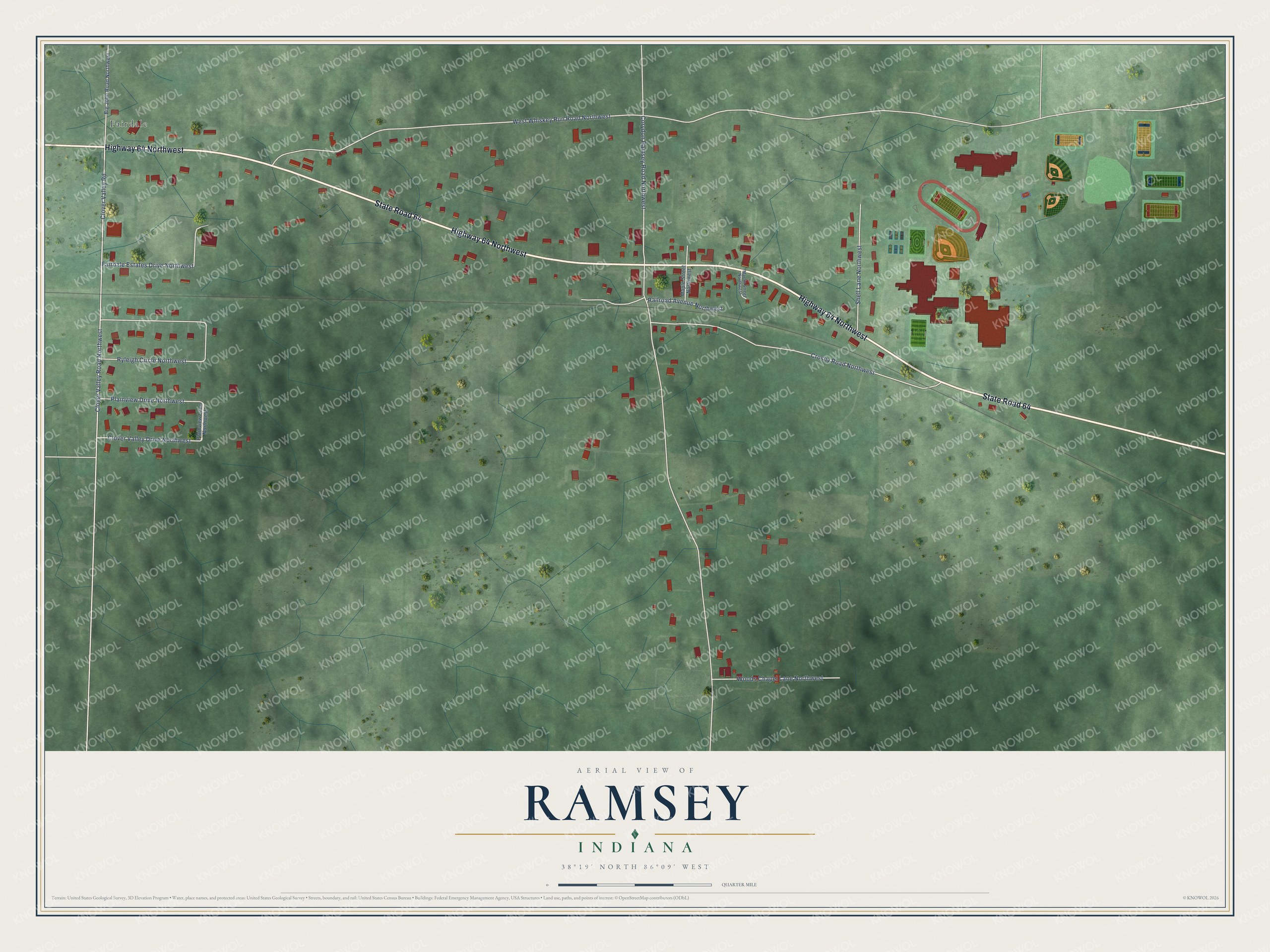 Full map of Ramsey, Indiana, with red buildings, printed street names and the land around them