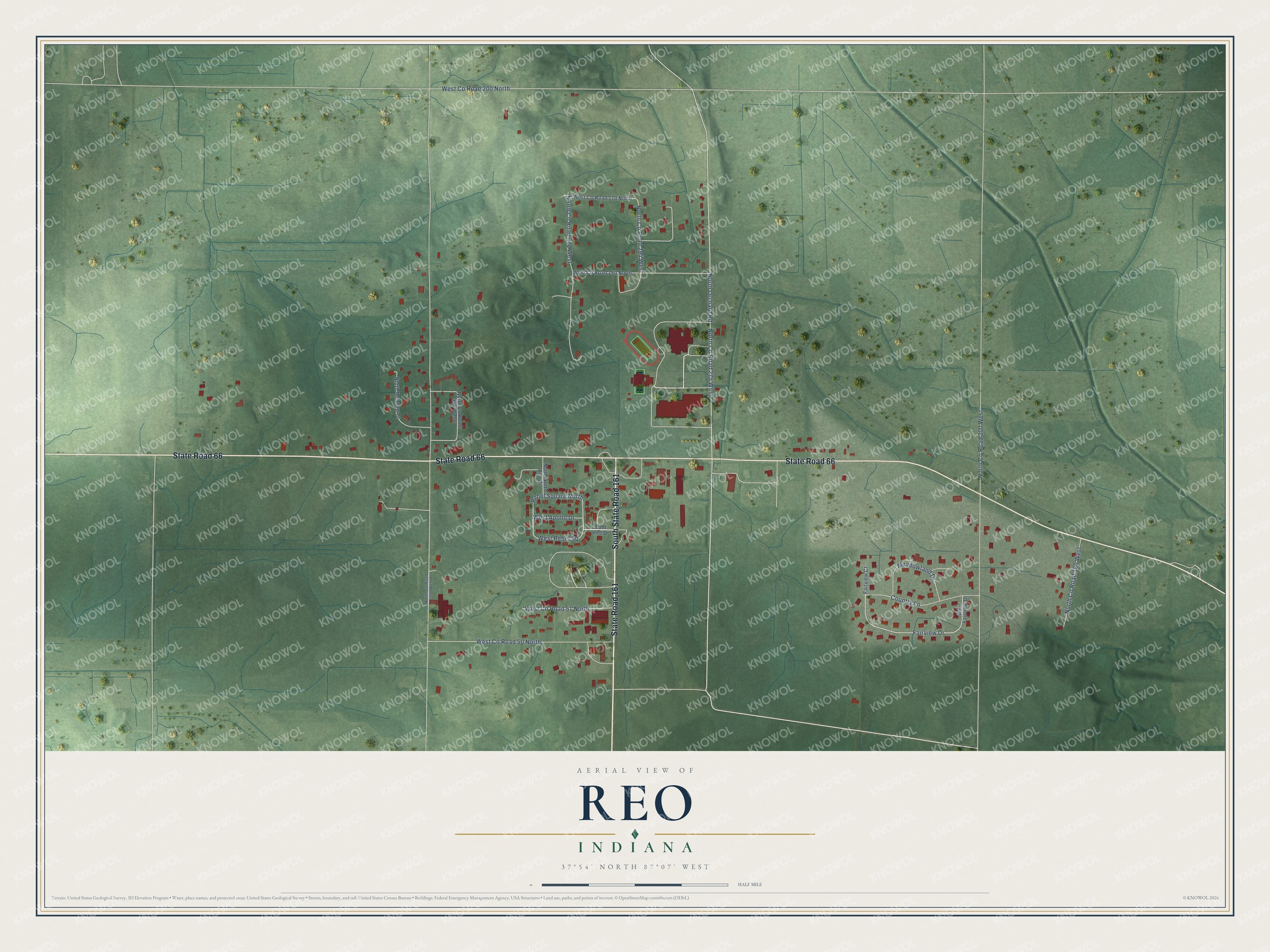 Full map of Reo, Indiana, with red buildings, printed street names and the land around them