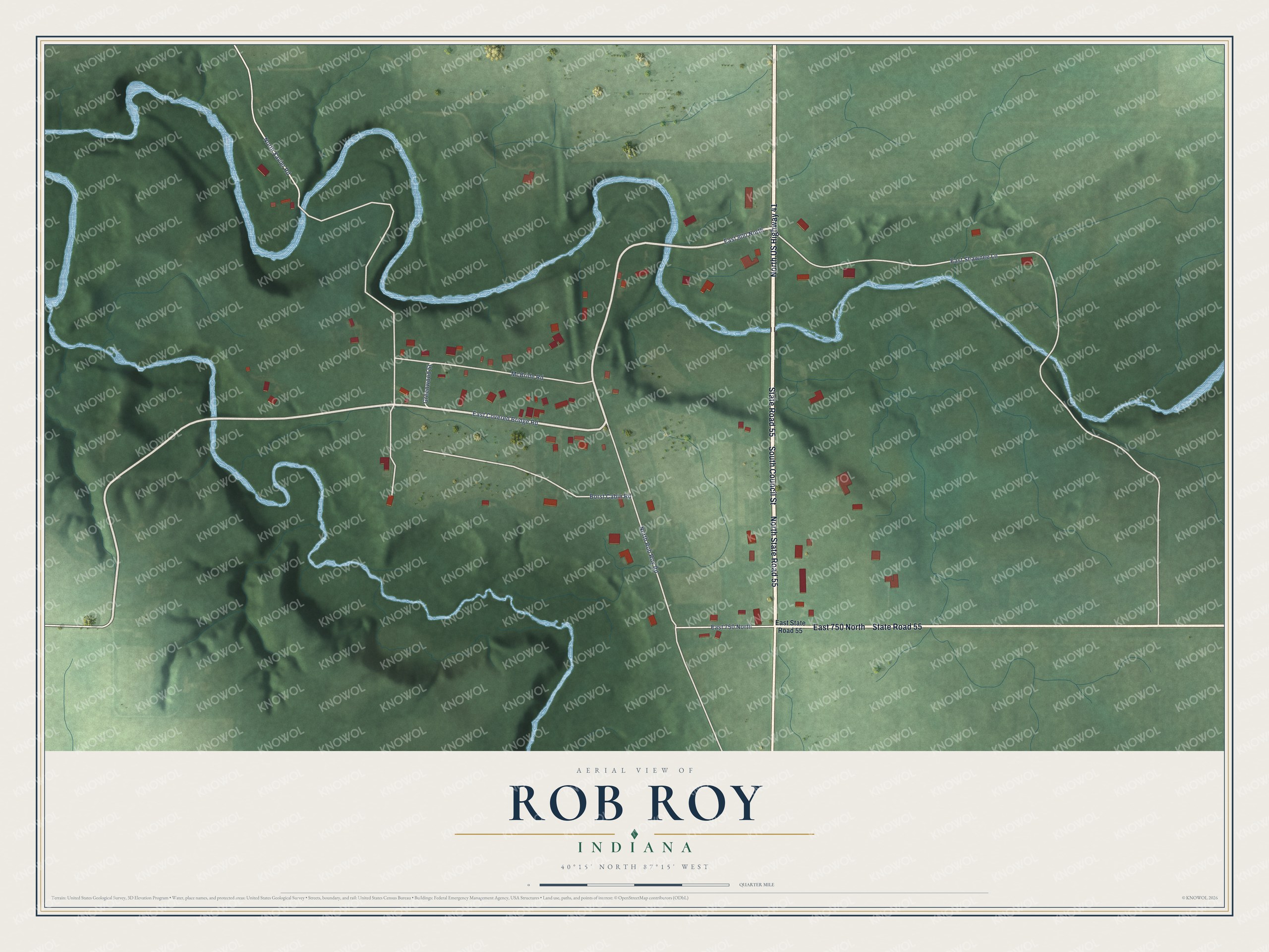 Full map of Rob Roy, Indiana, with red buildings, printed street names and the land around them