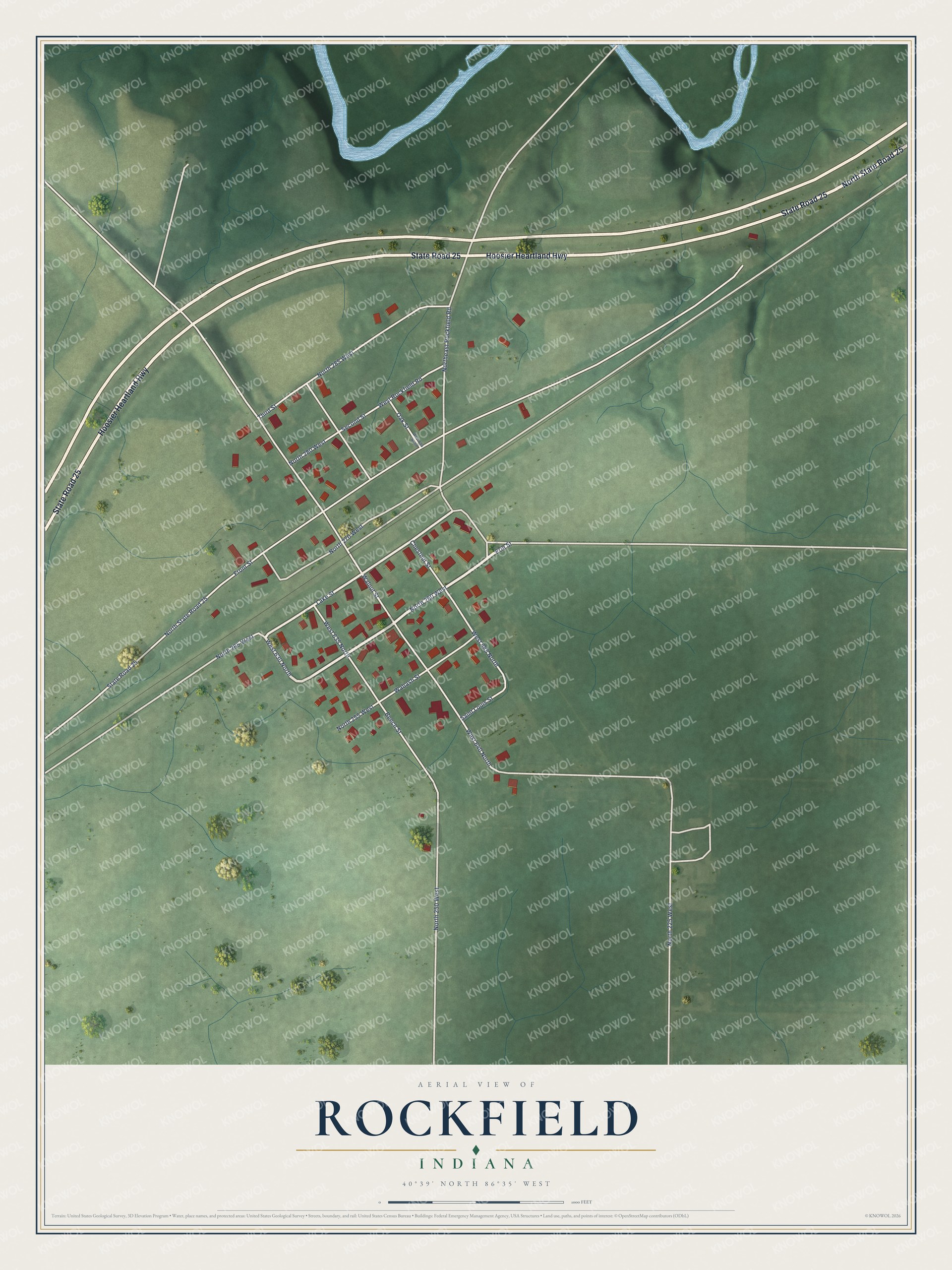 Full map of Rockfield, Indiana, with red buildings, printed street names and the land around them