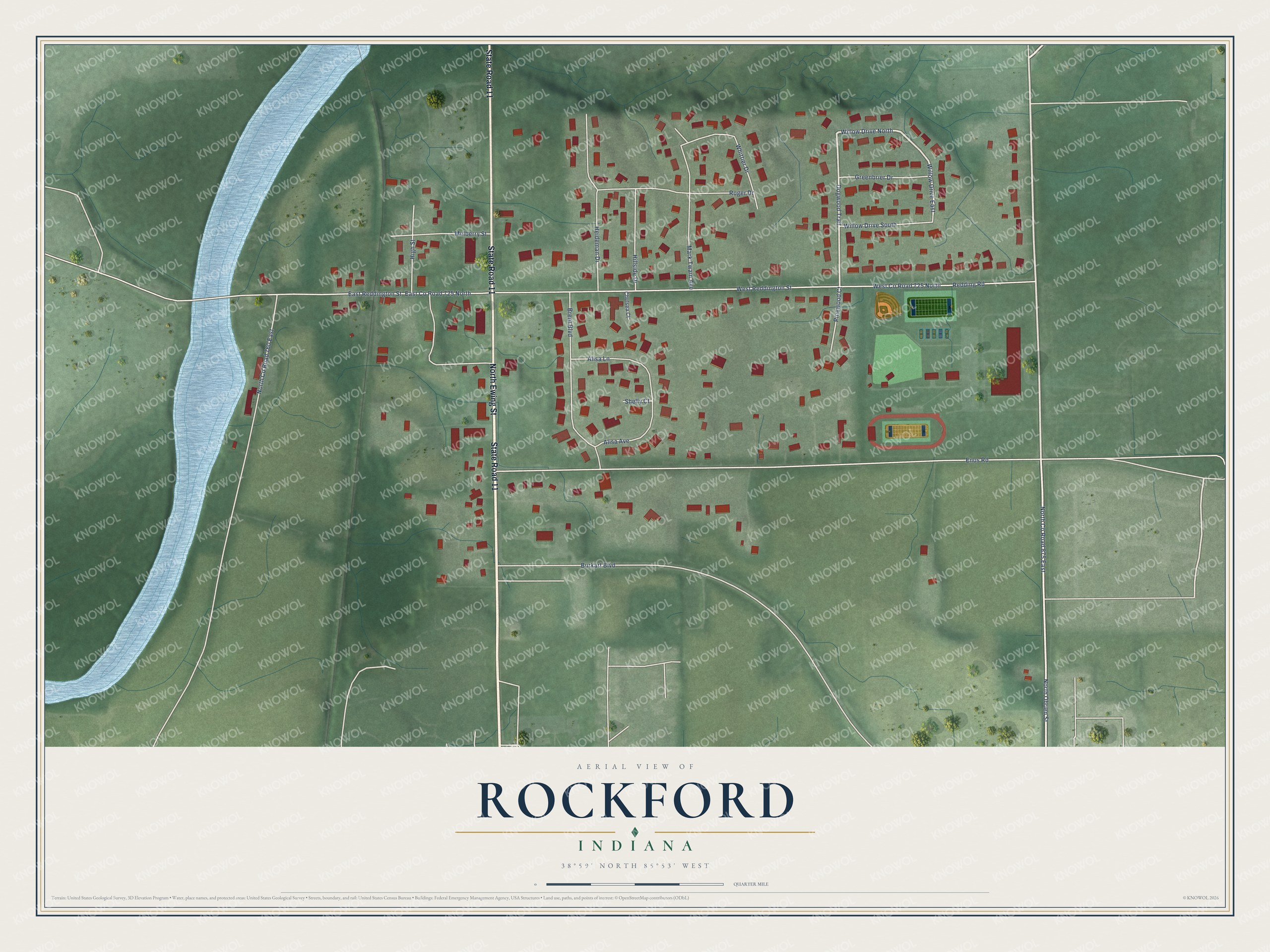 Full map of Rockford, Indiana, with red buildings, printed street names and the land around them