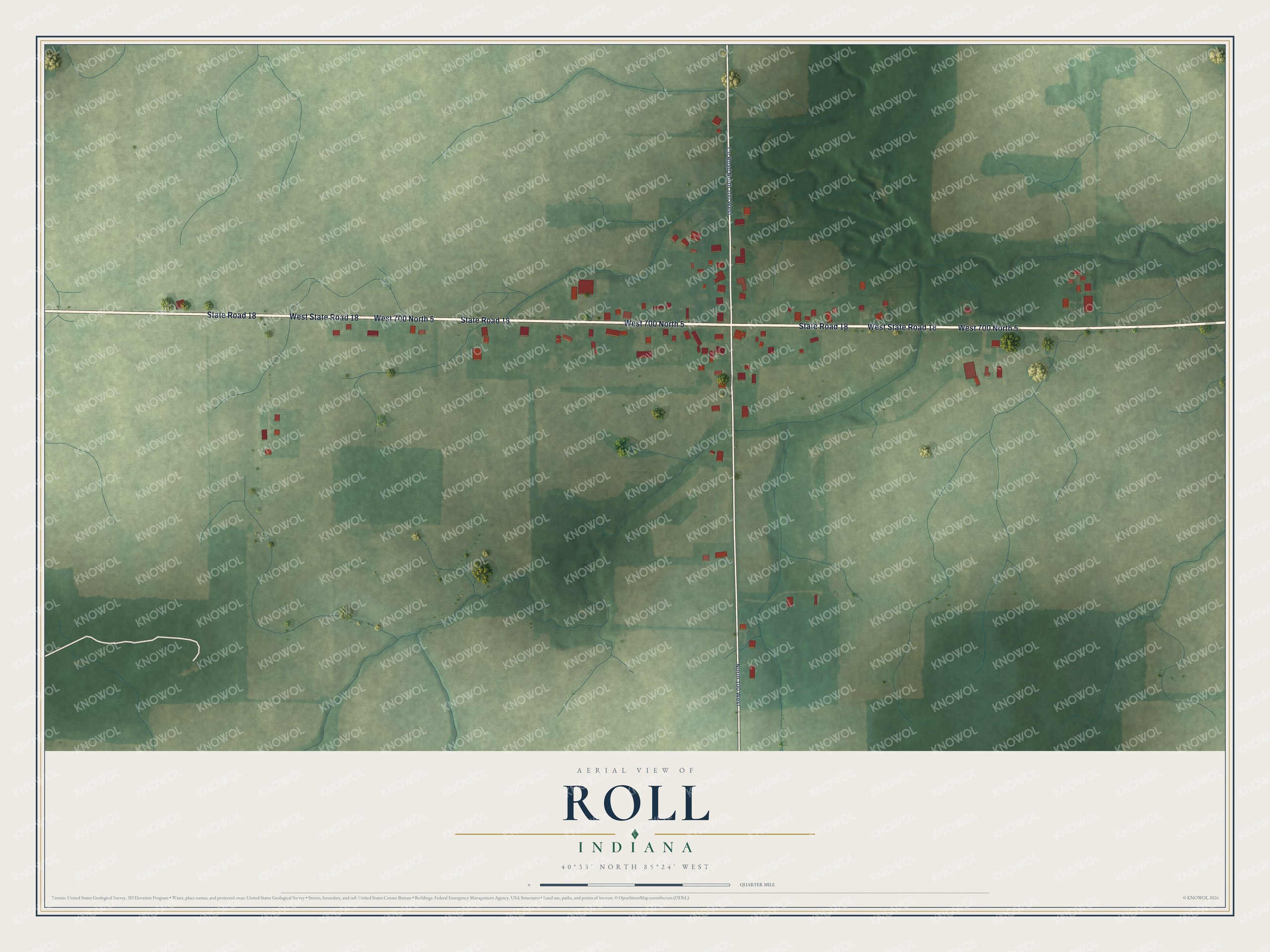 Full map of Roll, Indiana, with red buildings, printed street names and the land around them