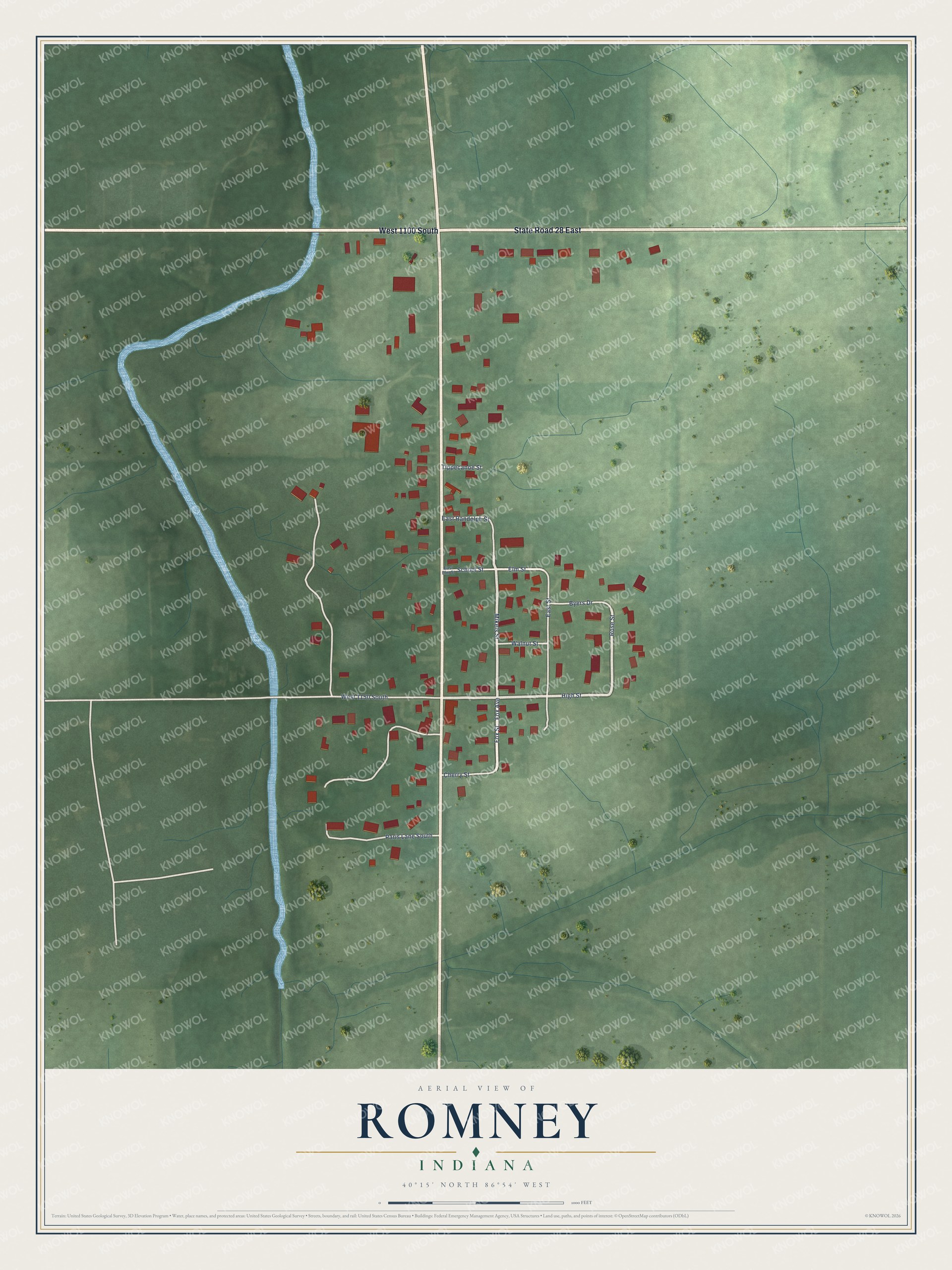 Full map of Romney, Indiana, with red buildings, printed street names and the land around them