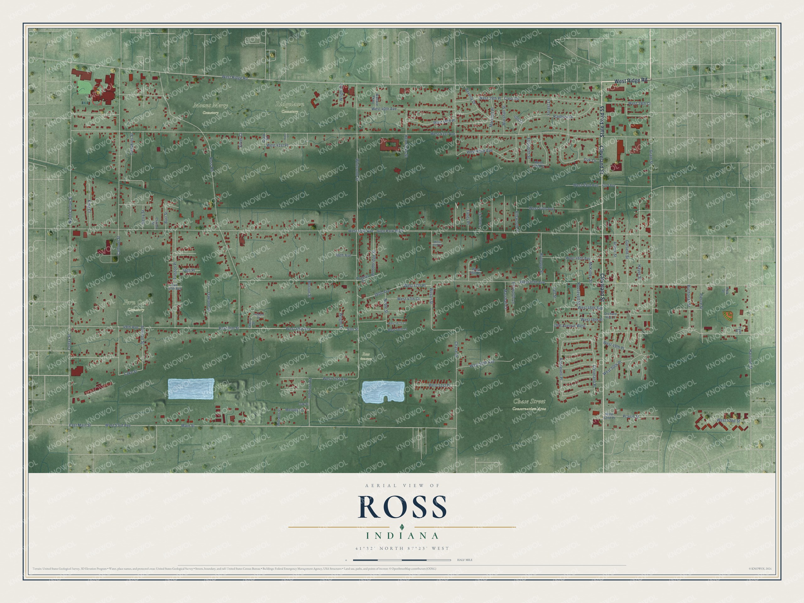 Full map of Ross, Indiana, with red buildings, printed street names and the land around them