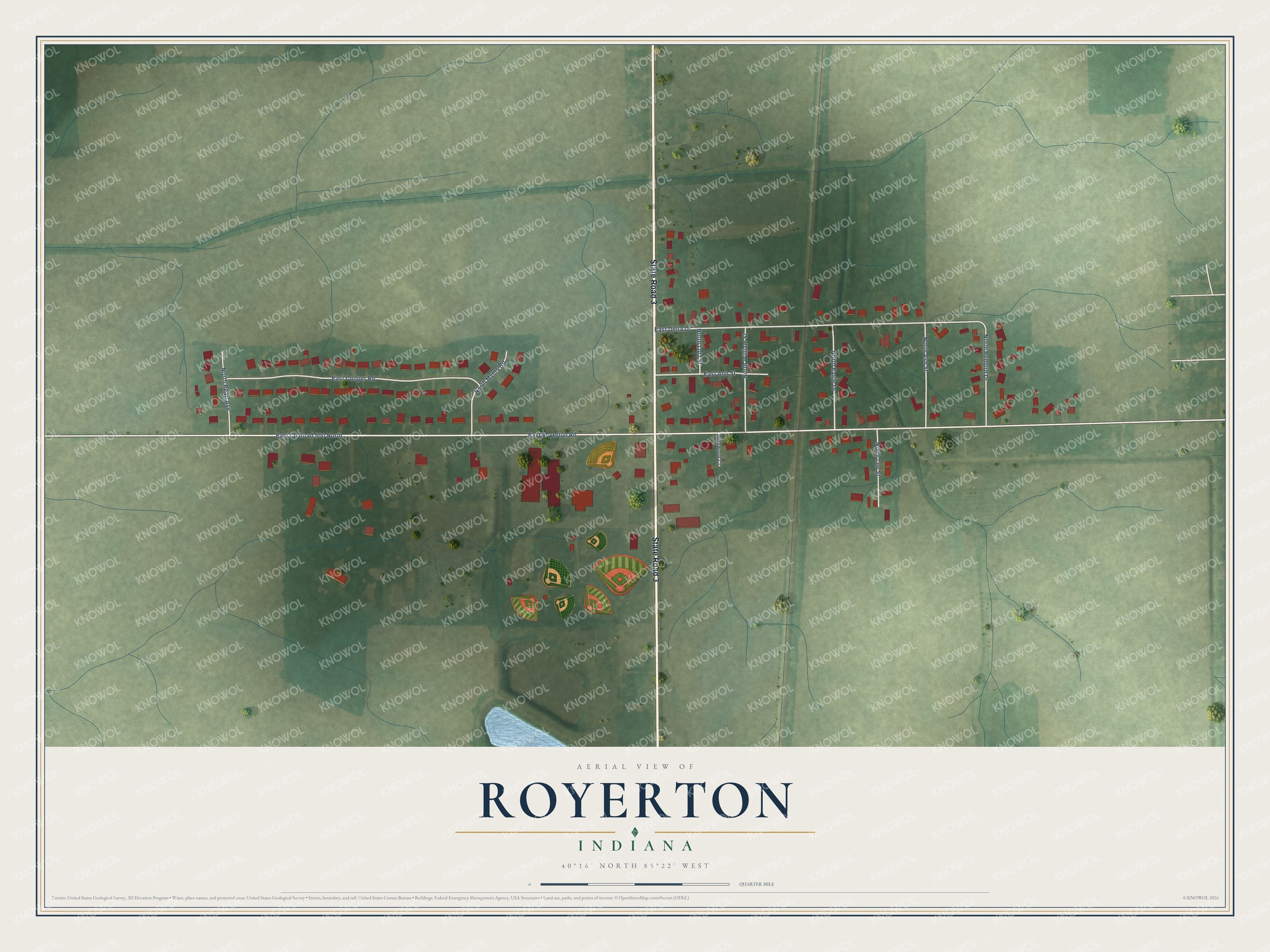 Full map of Royerton, Indiana, with red buildings, printed street names and the land around them