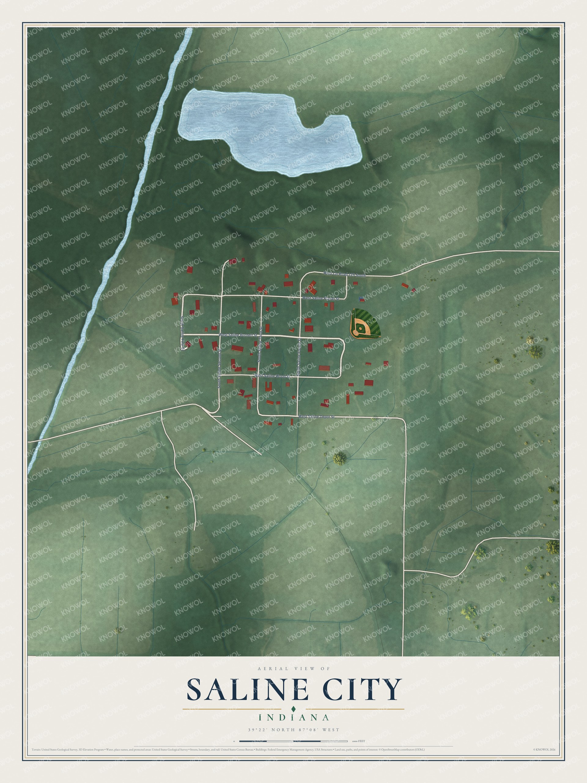 Full map of Saline City, Indiana, with red buildings, printed street names and the land around them