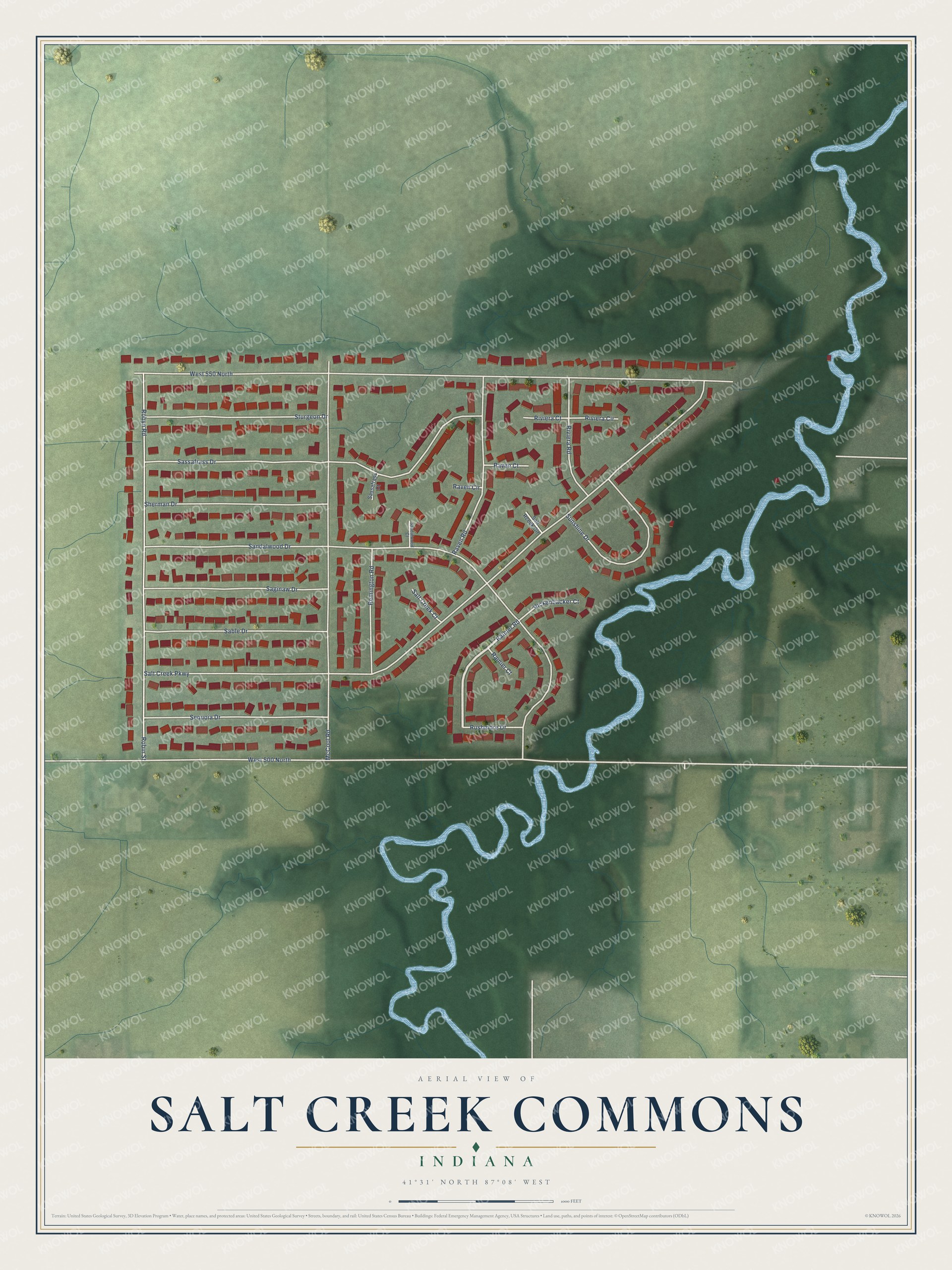 Full map of Salt Creek Commons, Indiana, with red buildings, printed street names and the land around them