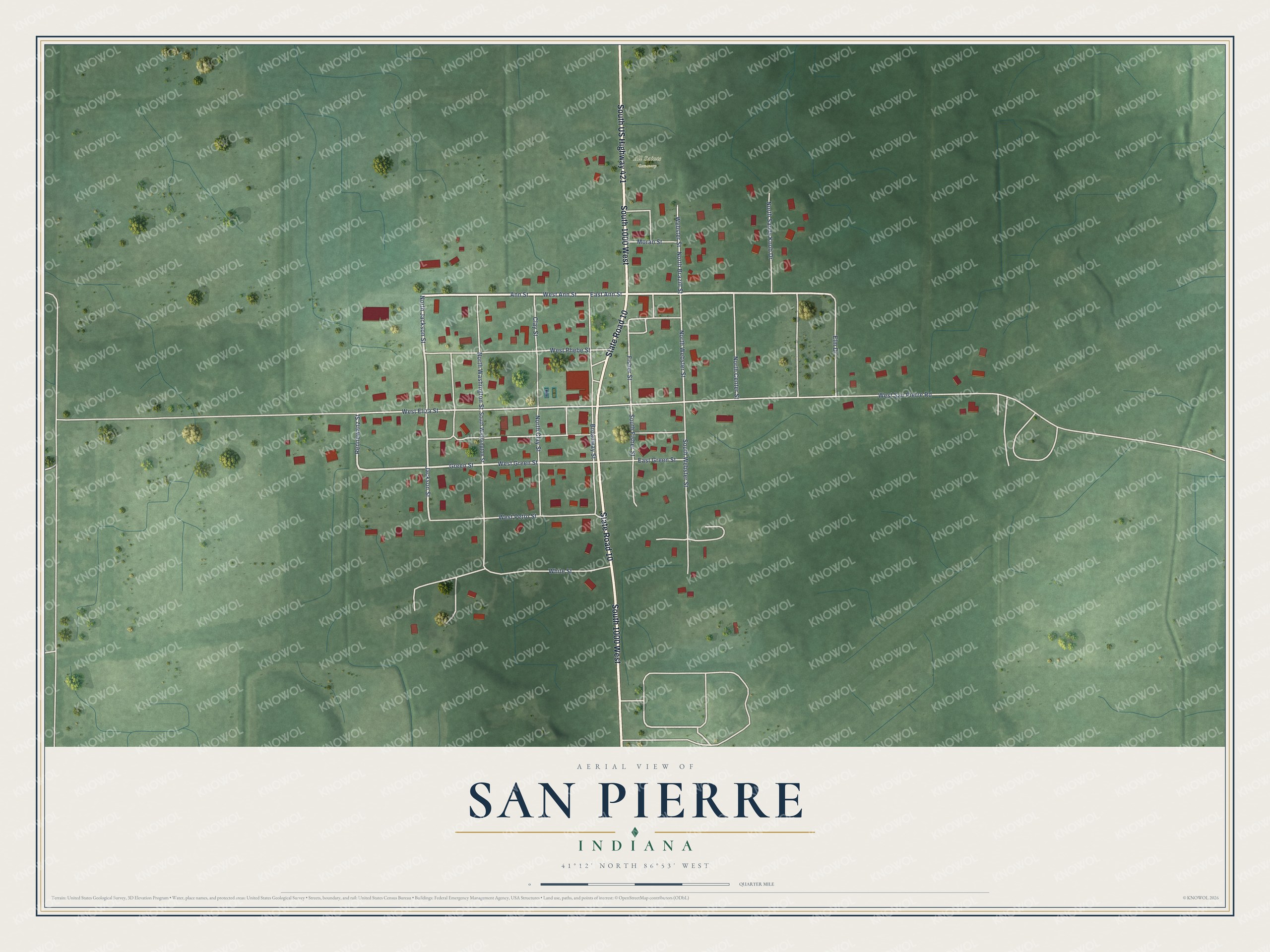 Full map of San Pierre, Indiana, with red buildings, printed street names and the land around them