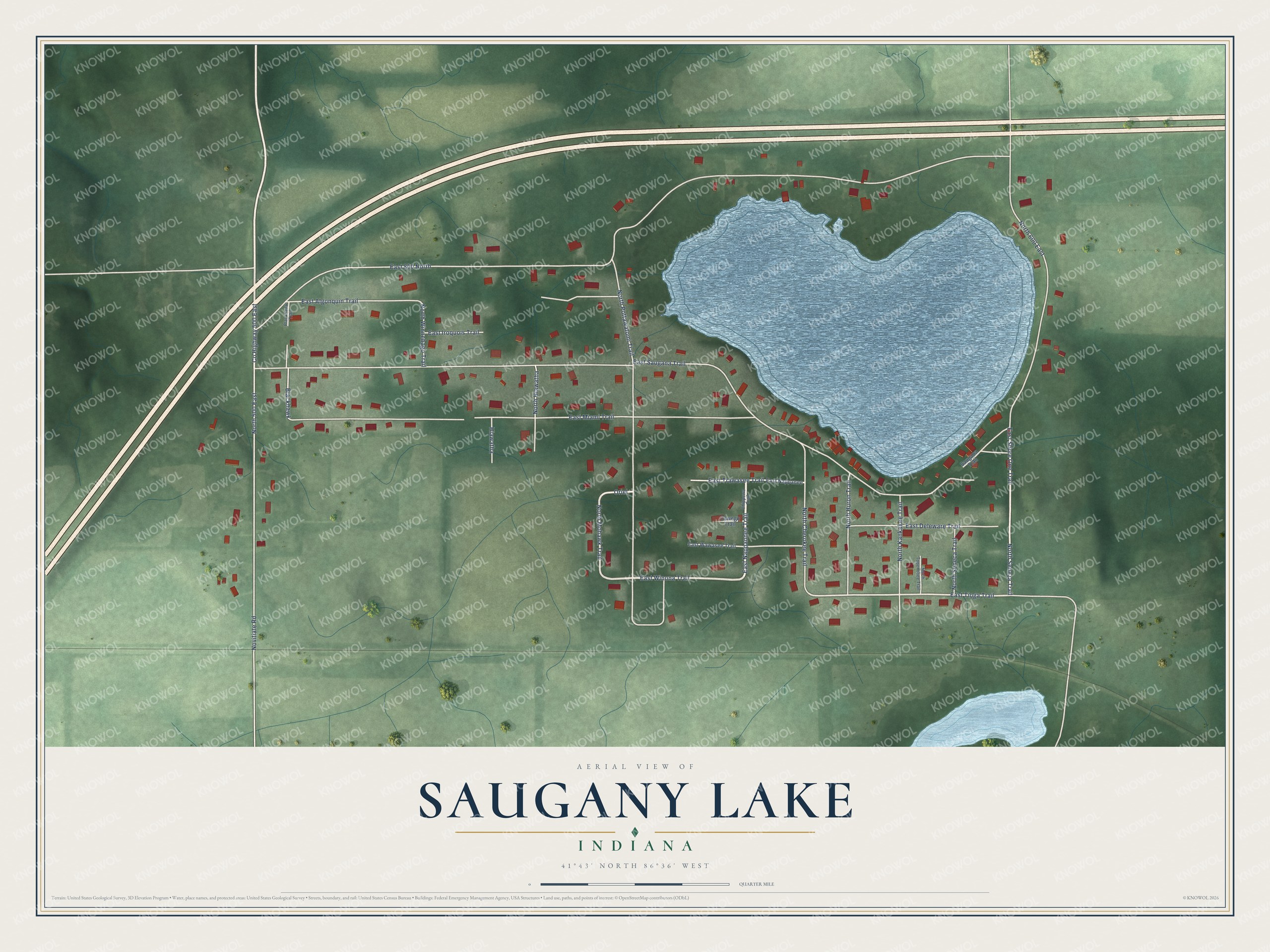 Full map of Saugany Lake, Indiana, with red buildings, printed street names and the land around them
