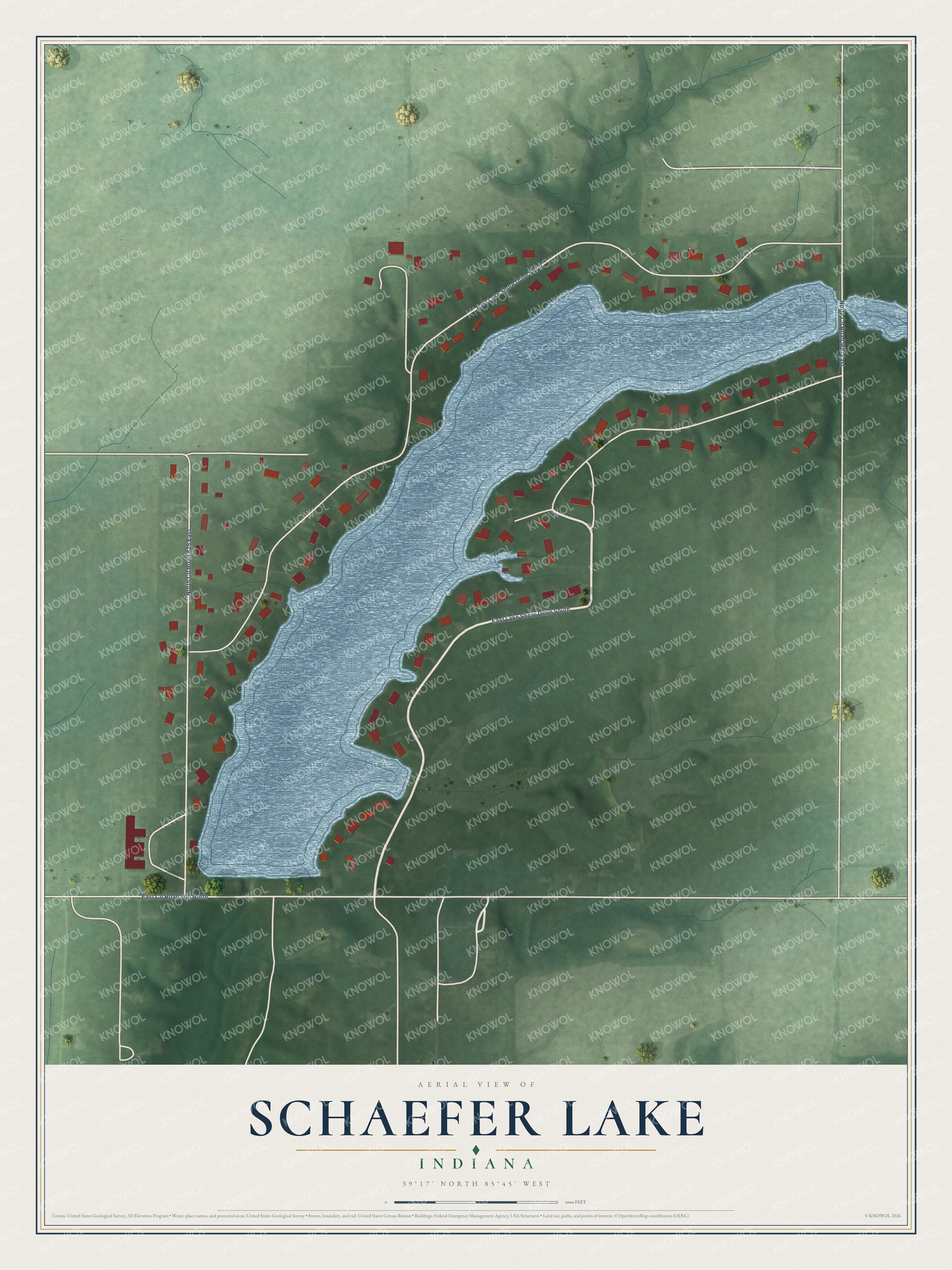 Full map of Schaefer Lake, Indiana, with red buildings, printed street names and the land around them