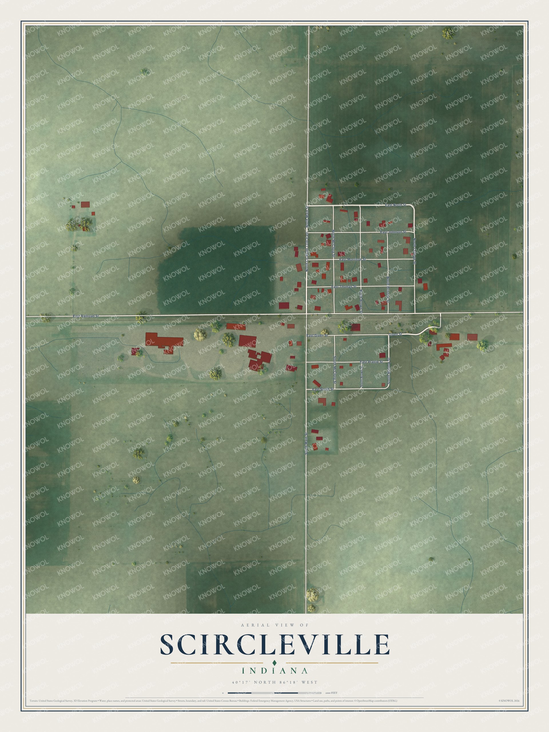 Full map of Scircleville, Indiana, with red buildings, printed street names and the land around them