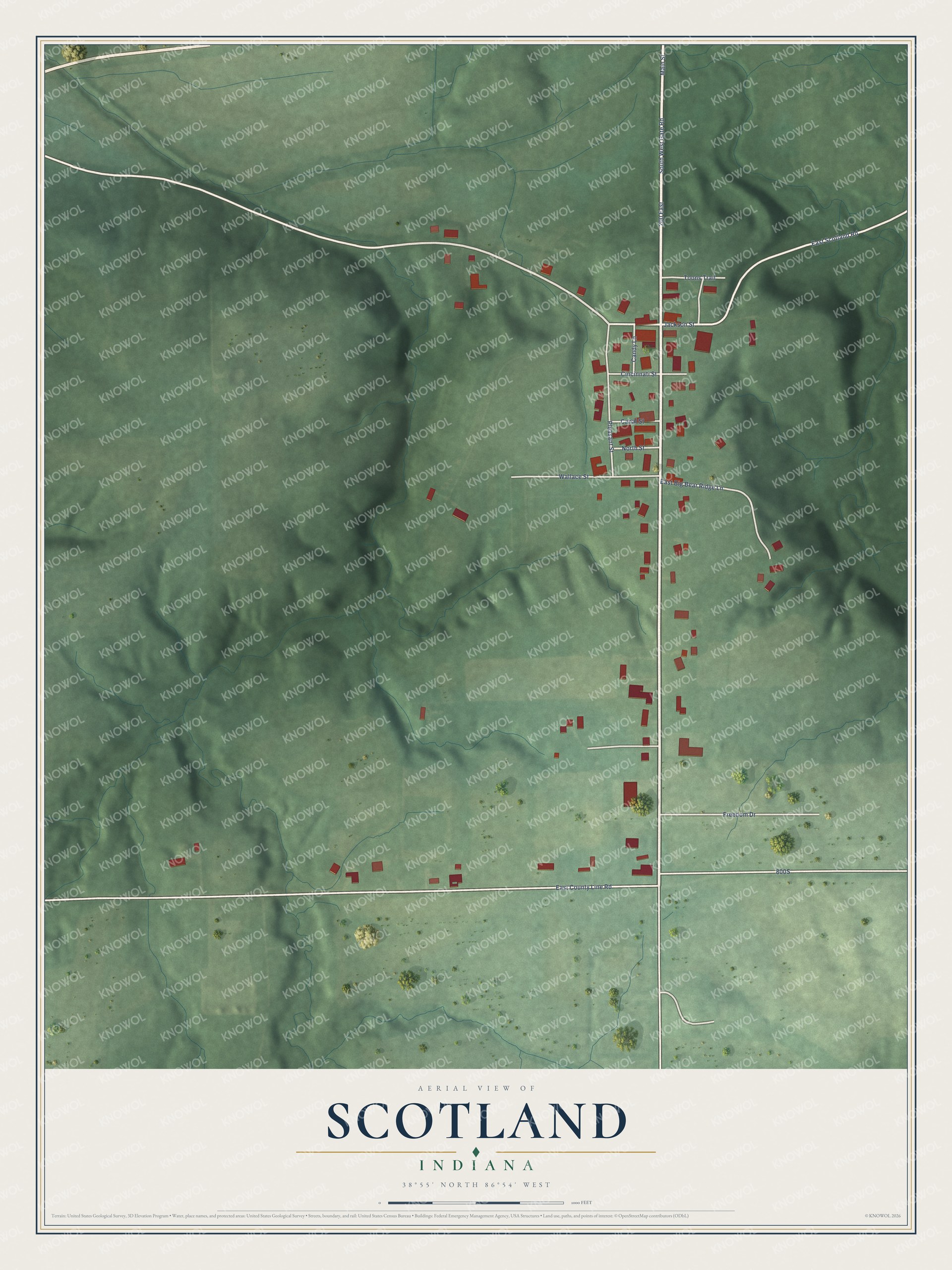 Full map of Scotland, Indiana, with red buildings, printed street names and the land around them