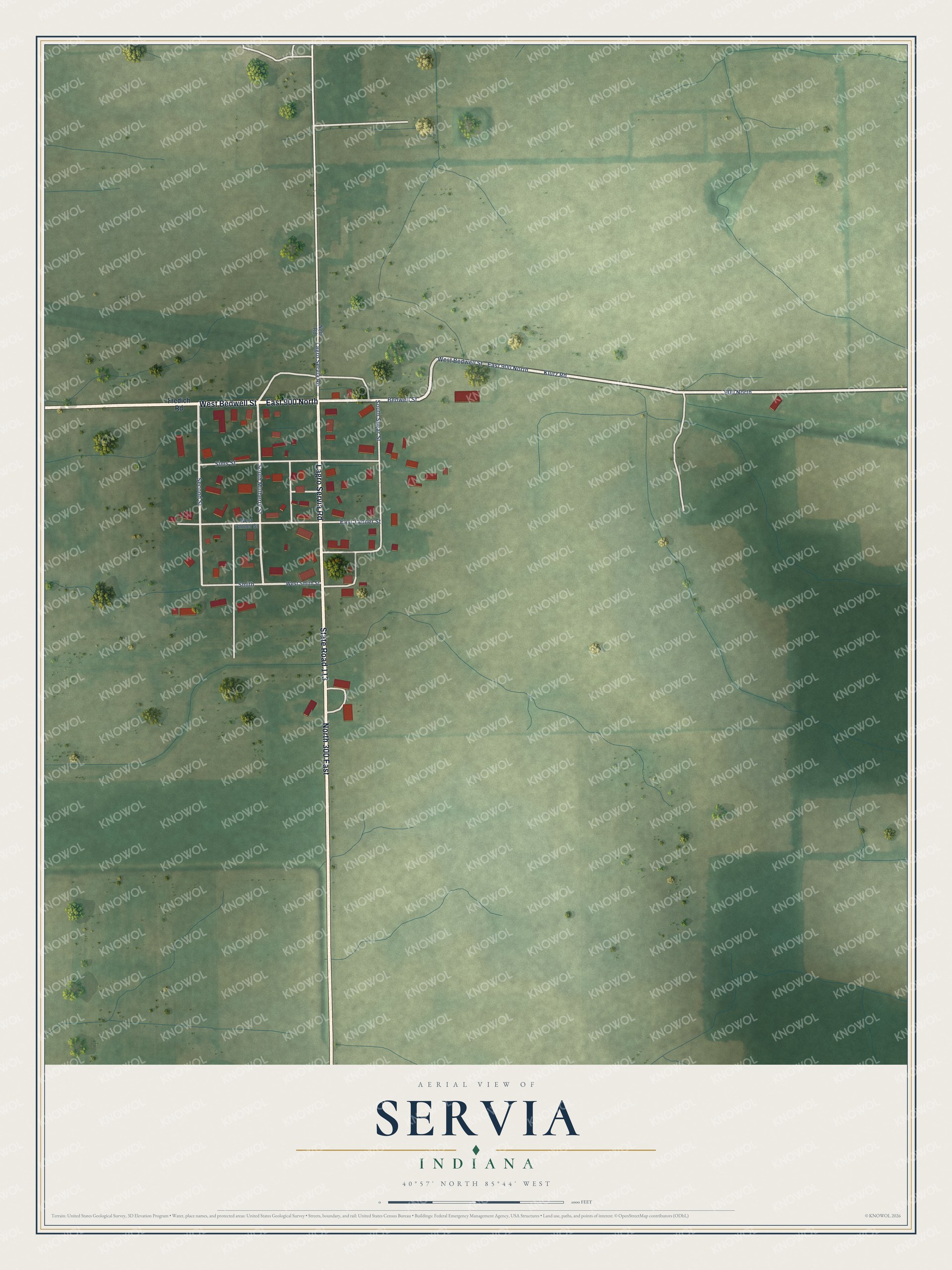 Full map of Servia, Indiana, with red buildings, printed street names and the land around them