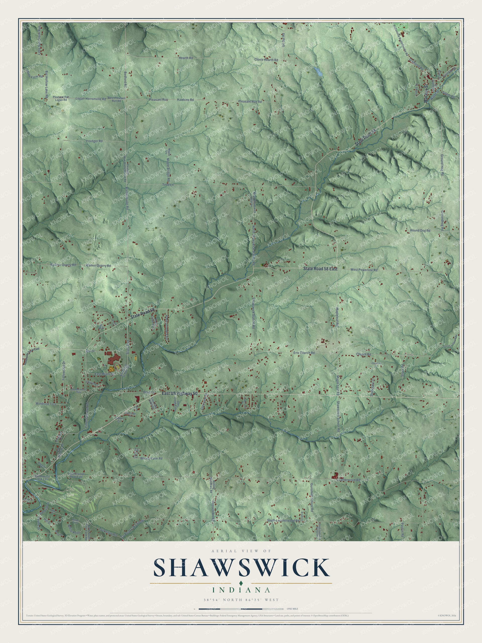 Full map of Shawswick, Indiana, with red buildings, printed street names and the land around them