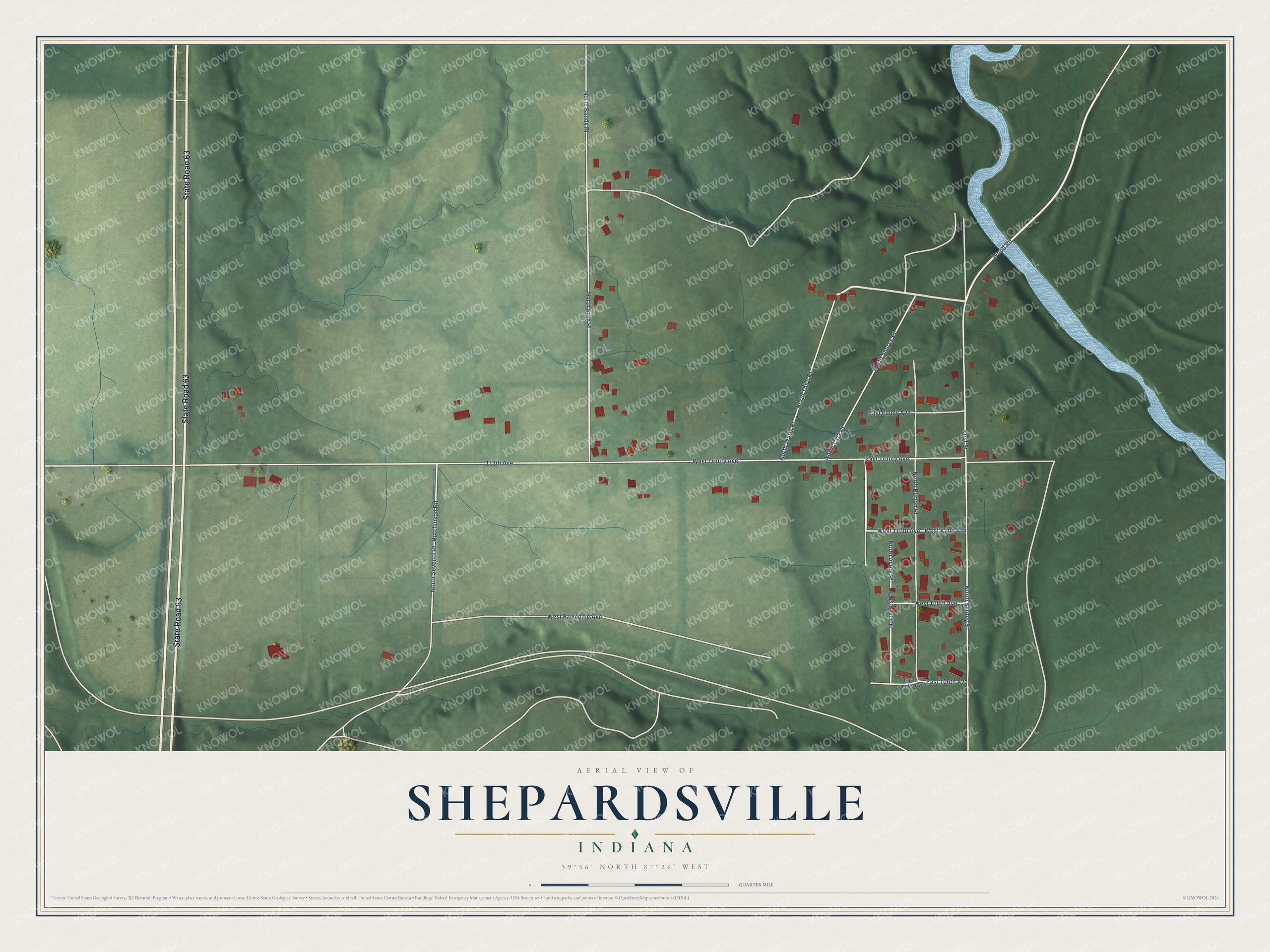 Full map of Shepardsville, Indiana, with red buildings, printed street names and the land around them