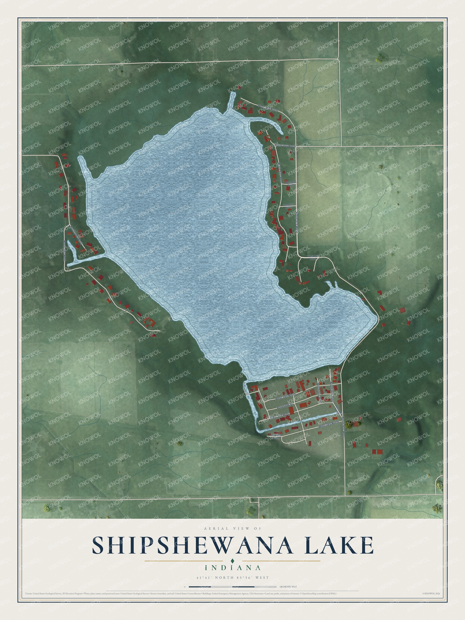 Full map of Shipshewana Lake, Indiana, with red buildings, printed street names and the land around them
