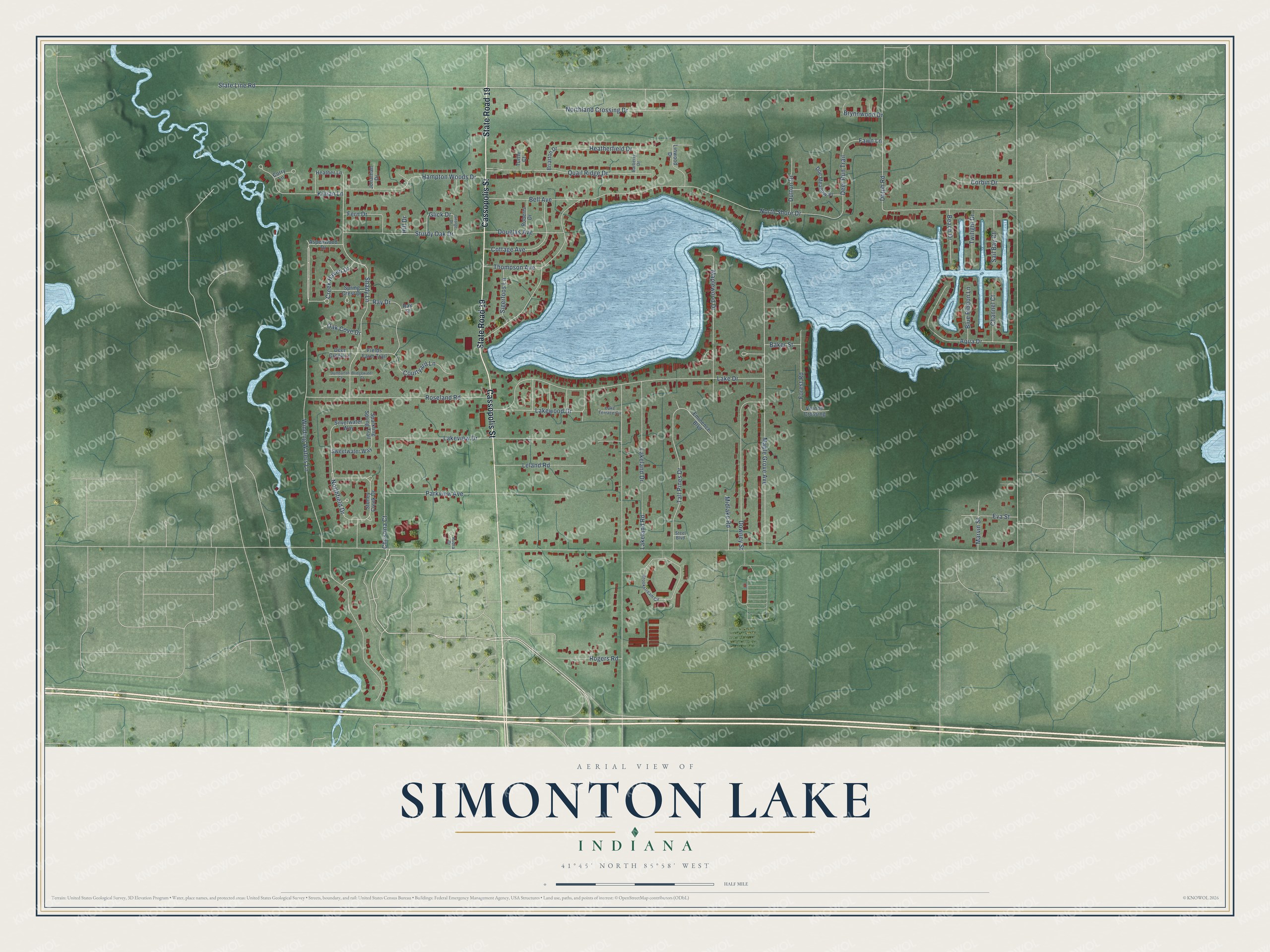 Full map of Simonton Lake, Indiana, with red buildings, printed street names and the land around them