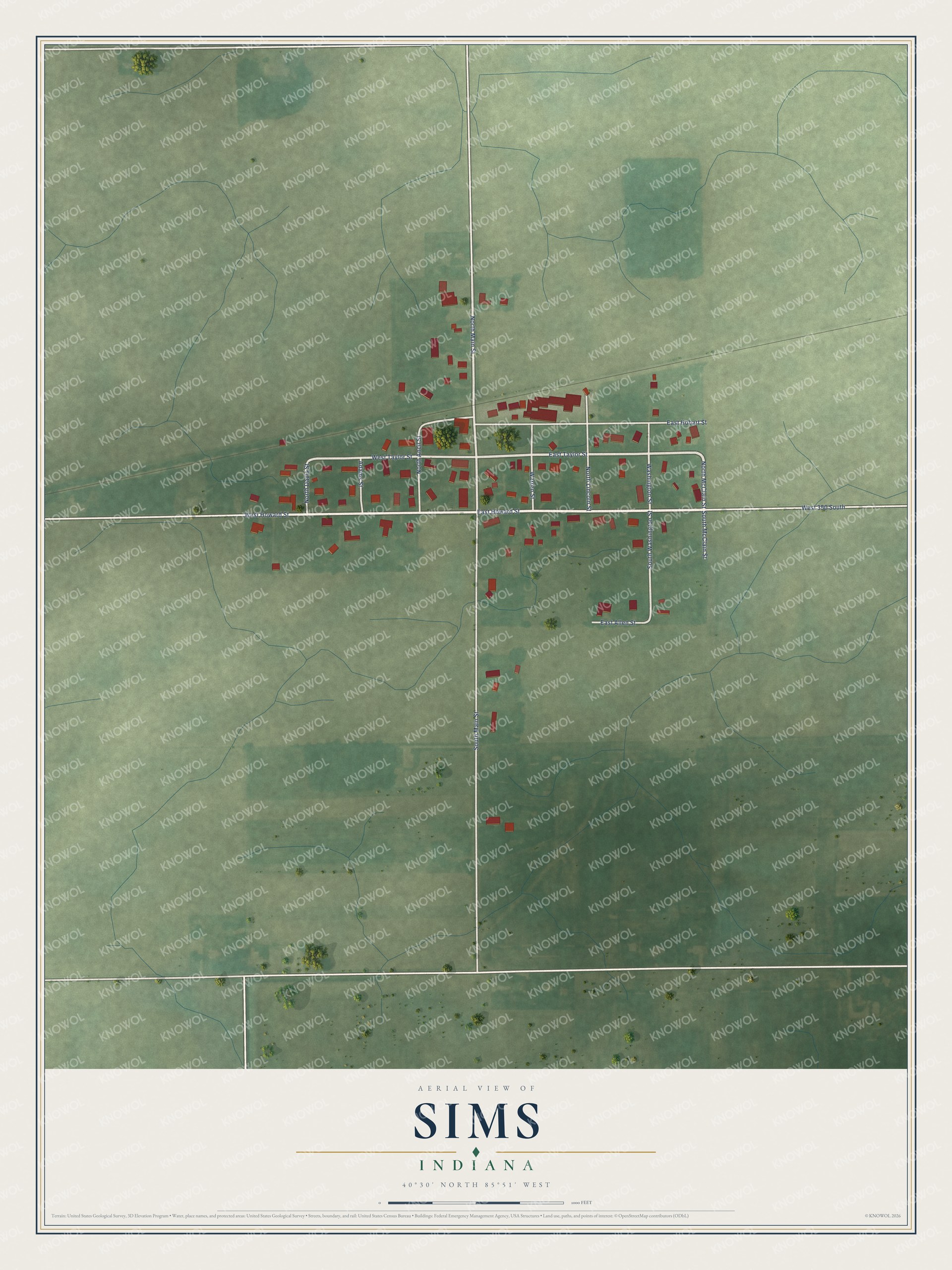 Full map of Sims, Indiana, with red buildings, printed street names and the land around them