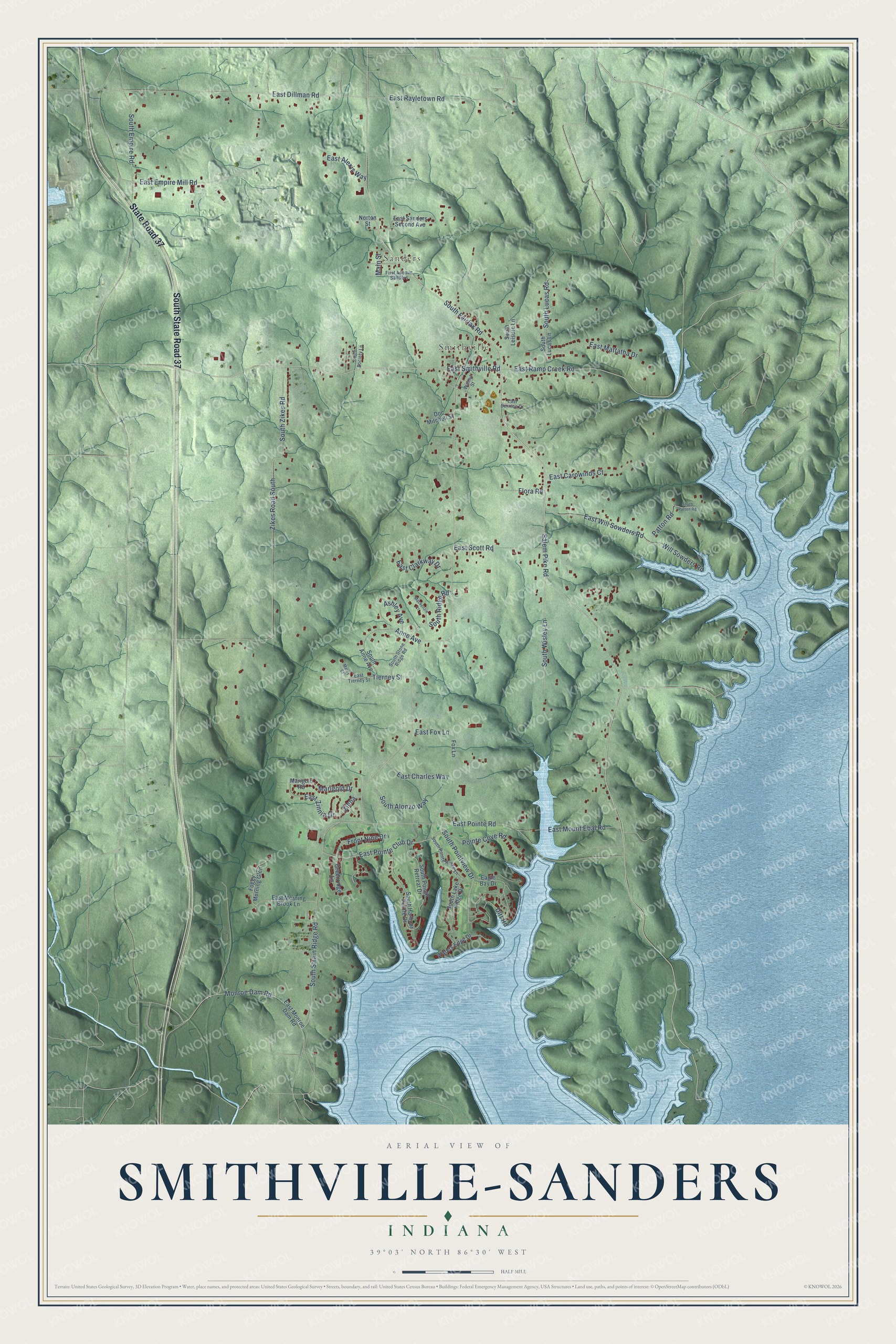 Full map of Smithville-Sanders, Indiana, with red buildings, printed street names and the land around them