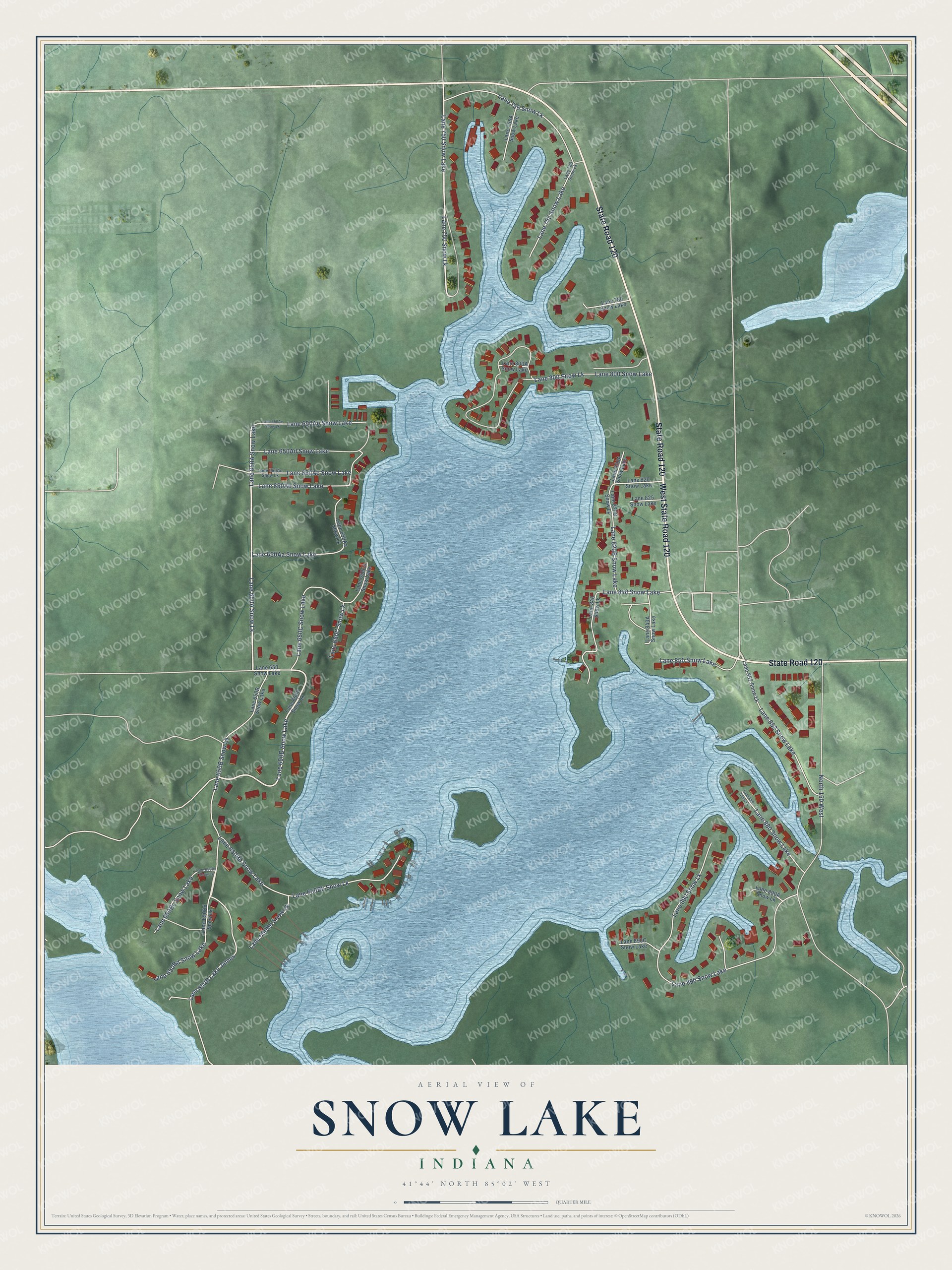 Full map of Snow Lake, Indiana, with red buildings, printed street names and the land around them