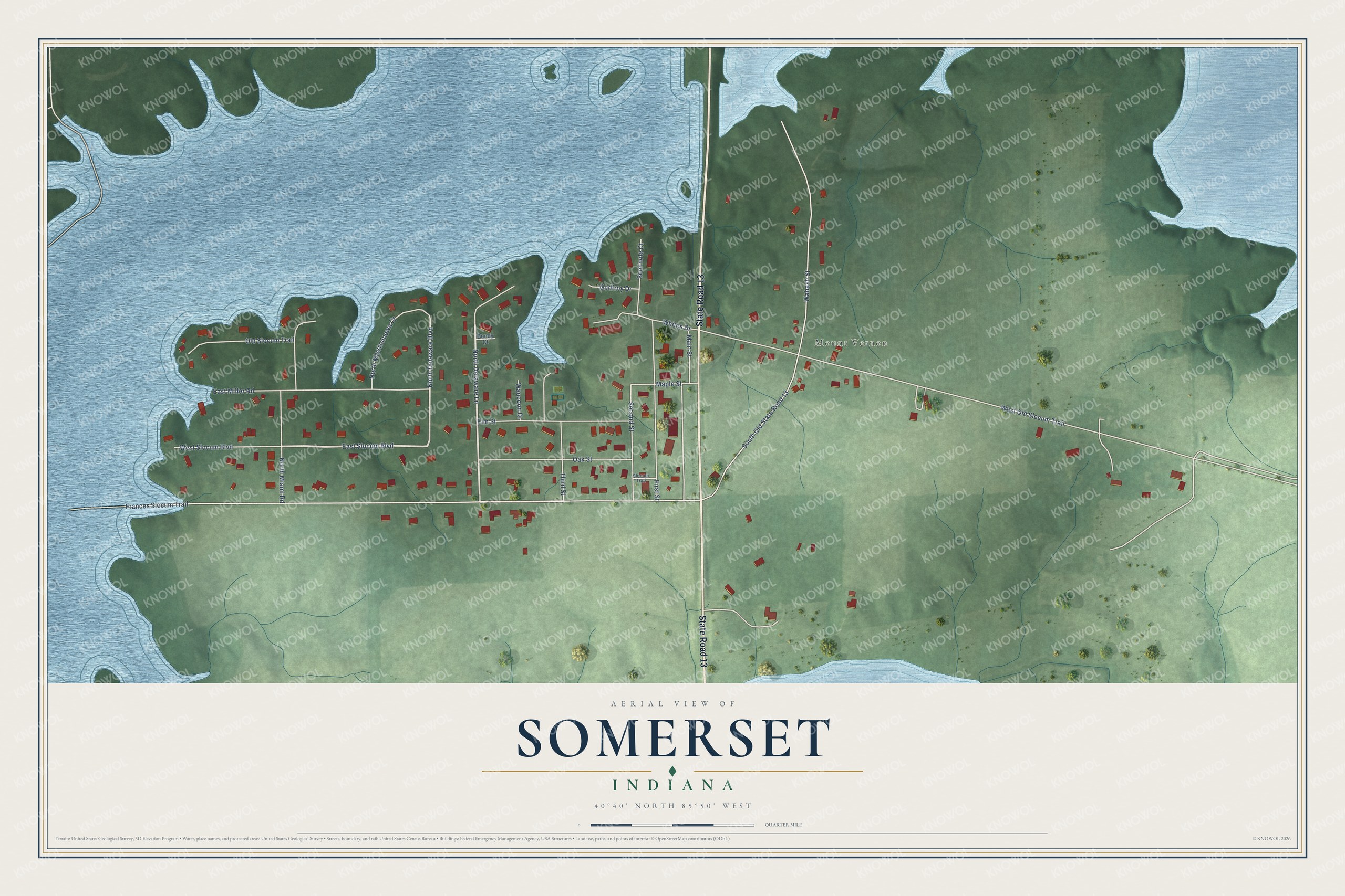 Full map of Somerset, Indiana, with red buildings, printed street names and the land around them