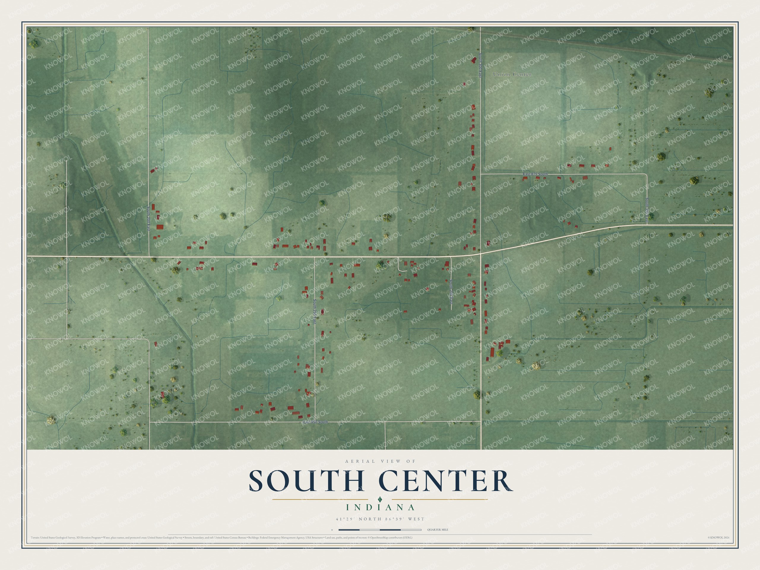 Full map of South Center, Indiana, with red buildings, printed street names and the land around them