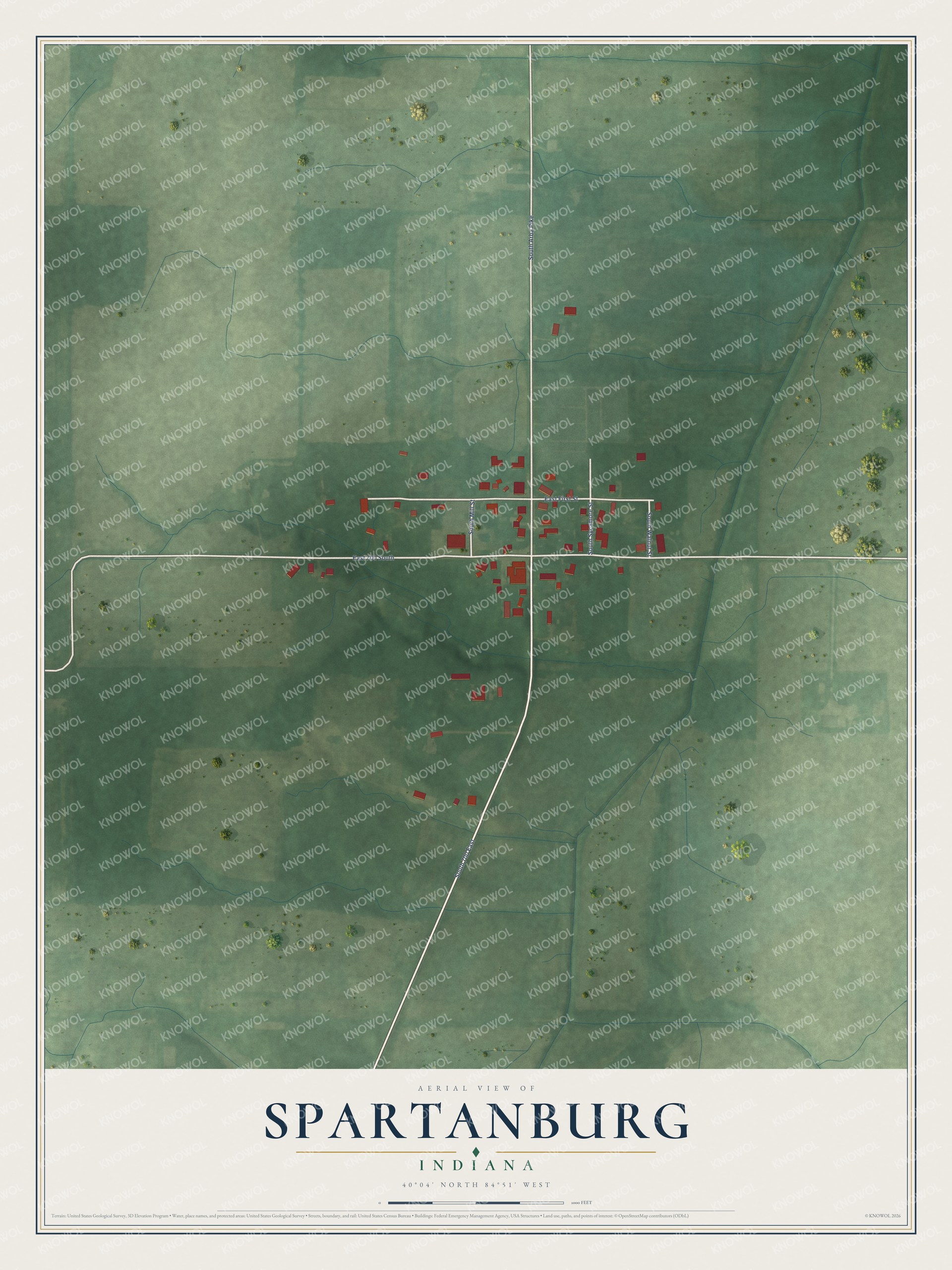 Full map of Spartanburg, Indiana, with red buildings, printed street names and the land around them