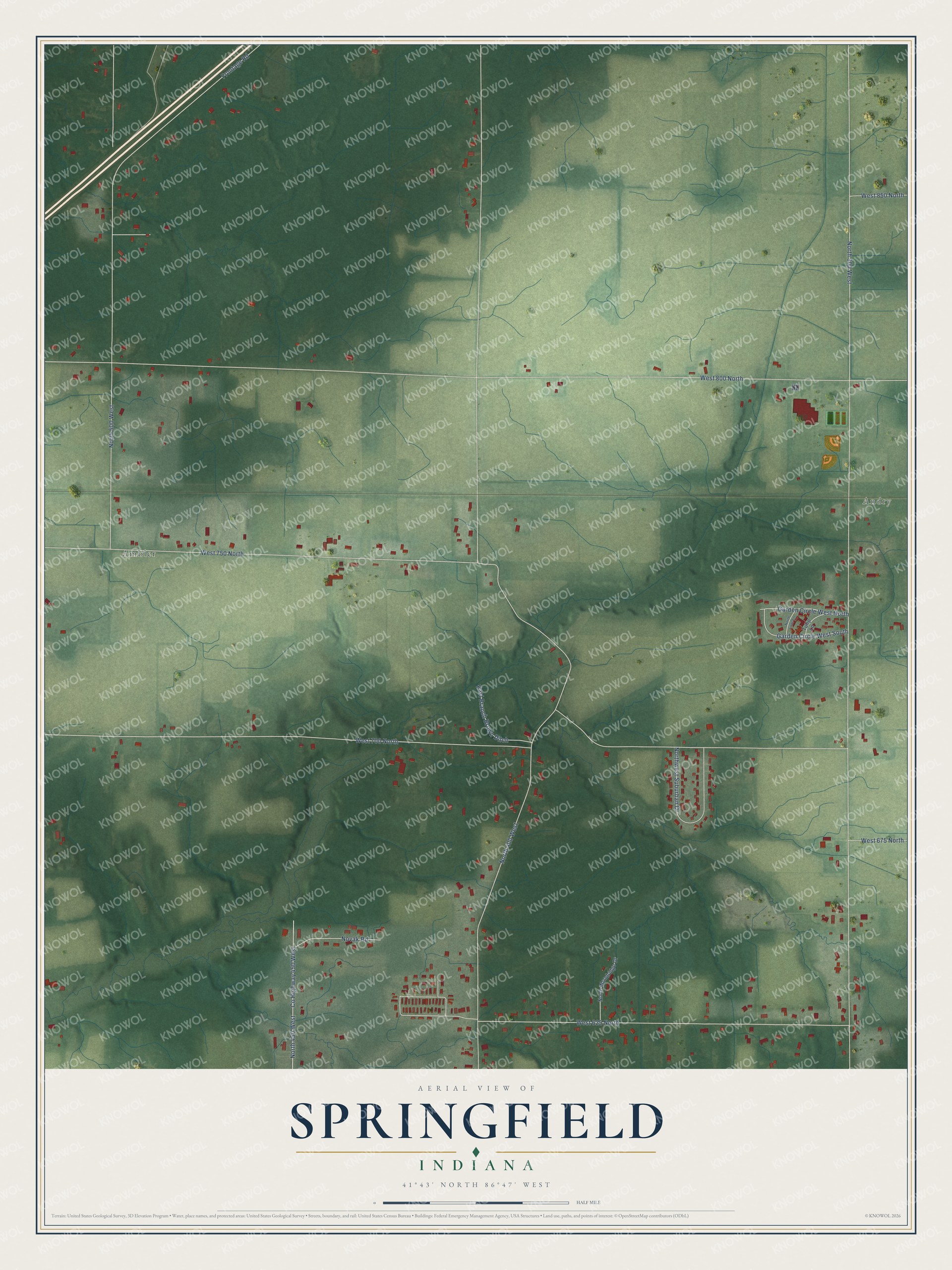Full map of Springfield, Indiana, with red buildings, printed street names and the land around them