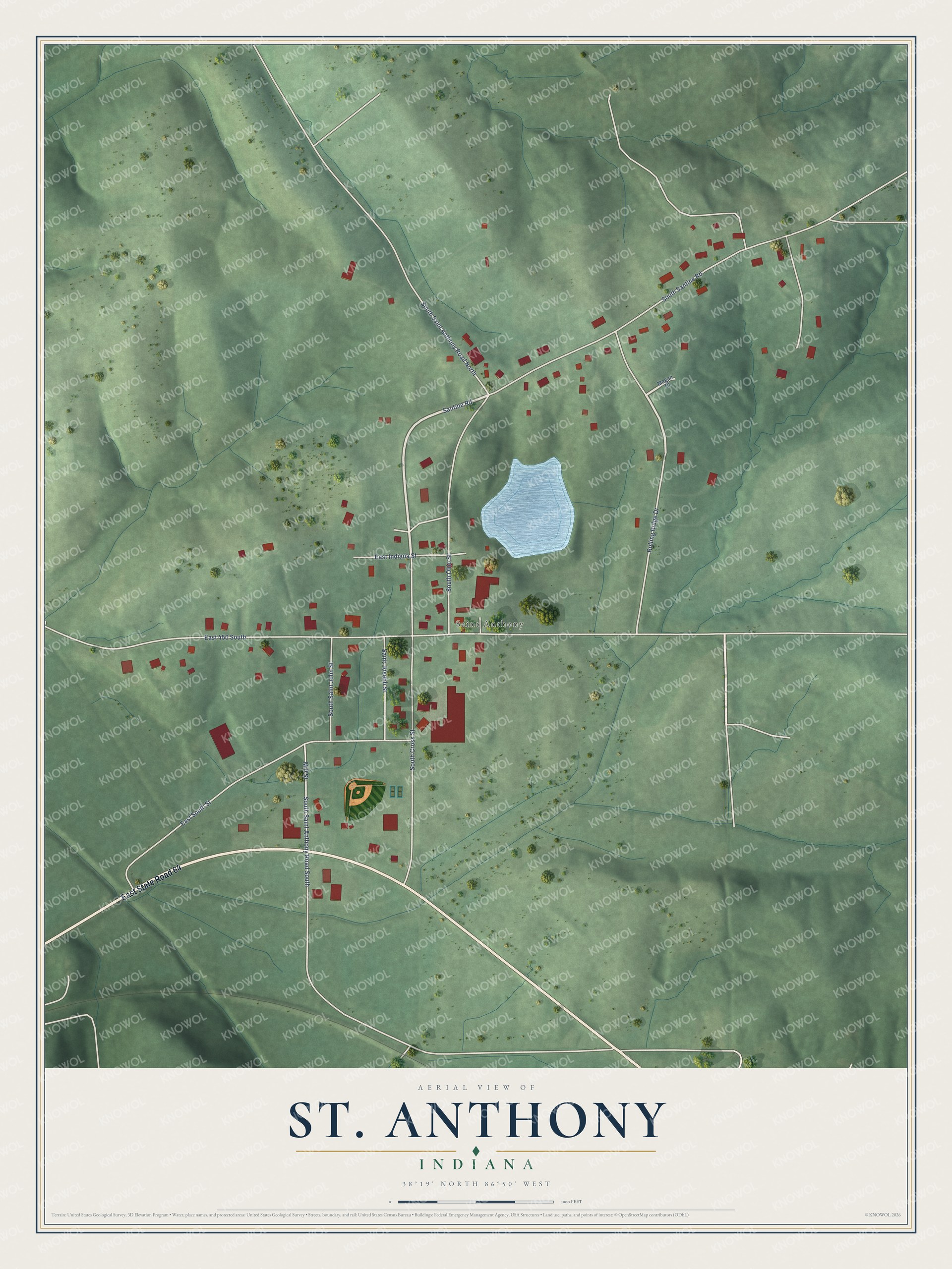 Full map of St. Anthony, Indiana, with red buildings, printed street names and the land around them