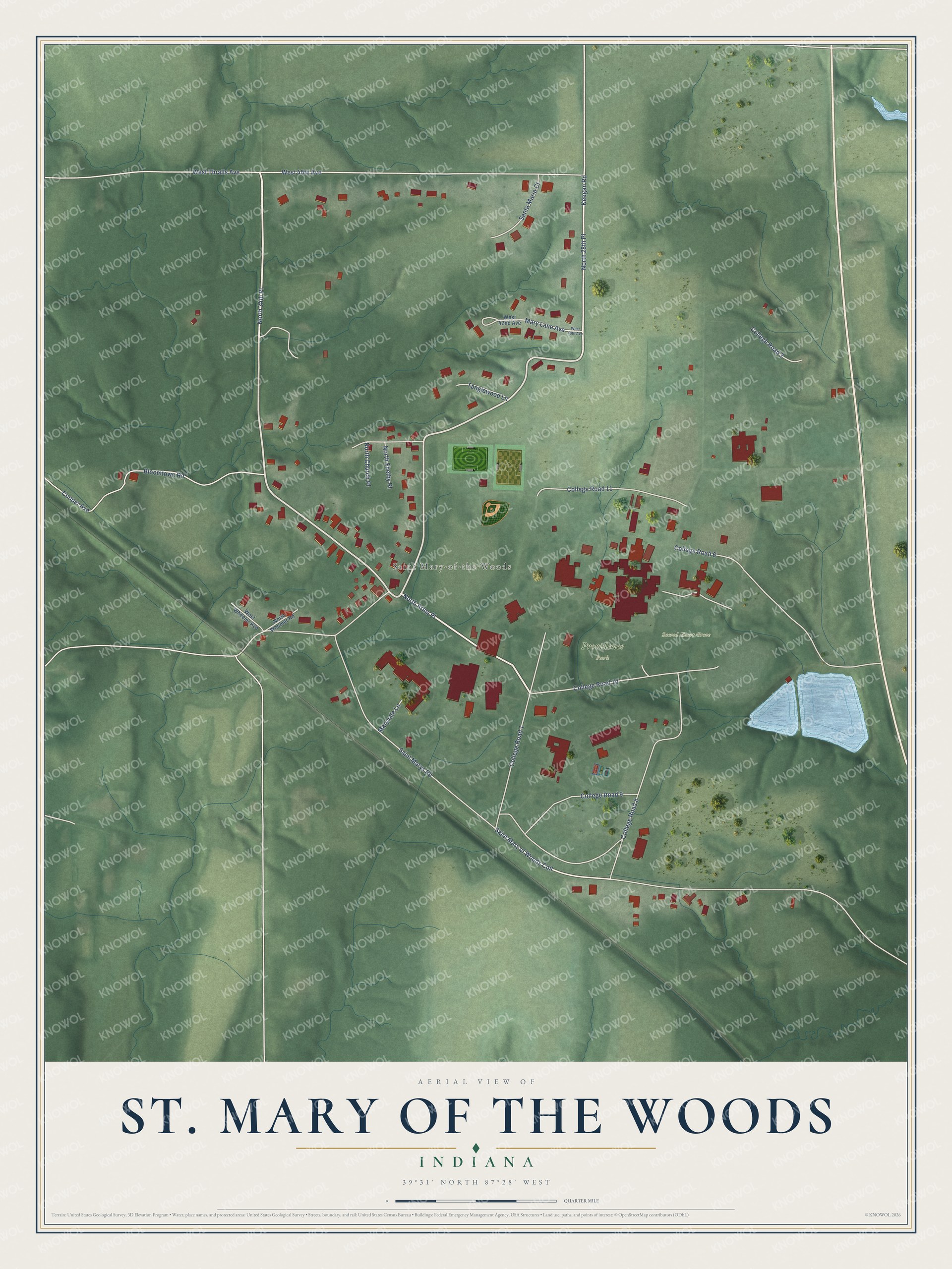 Full map of St. Mary of the Woods, Indiana, with red buildings, printed street names and the land around them