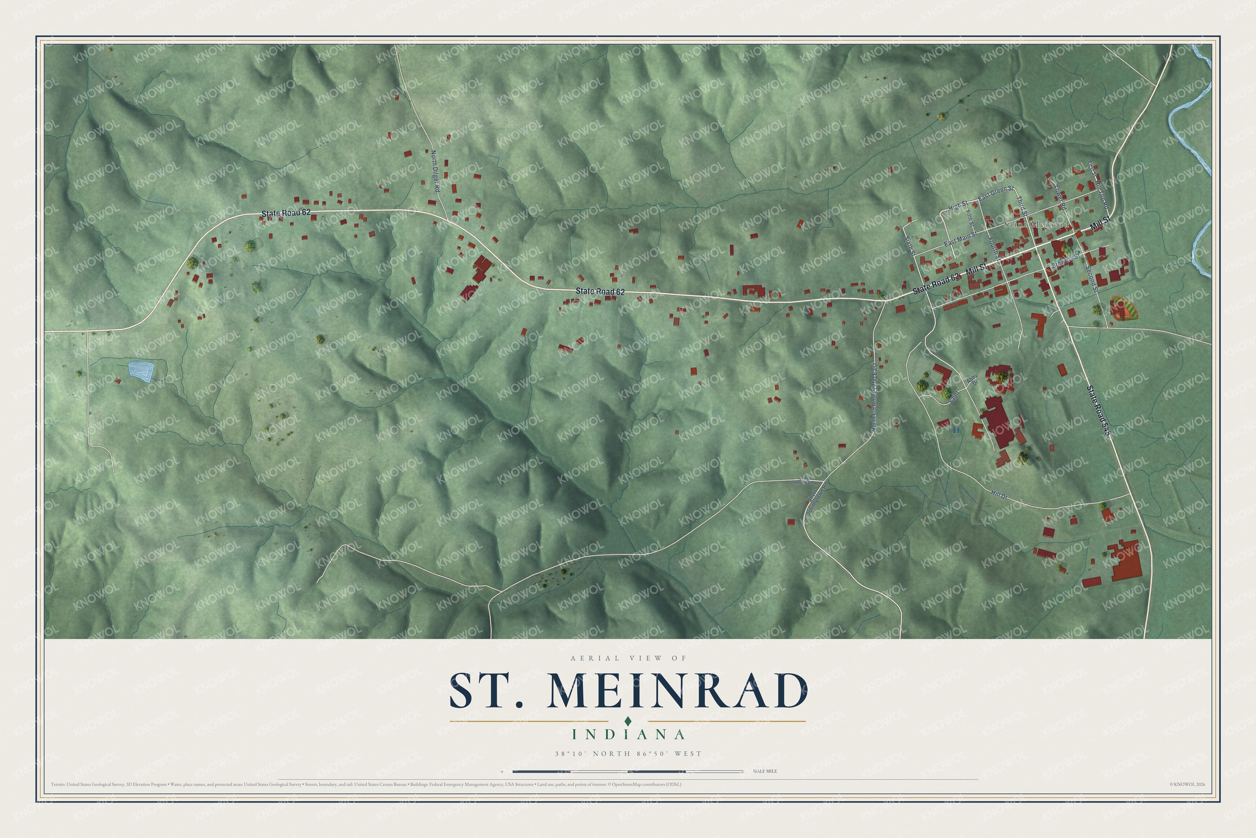 Full map of St. Meinrad, Indiana, with red buildings, printed street names and the land around them