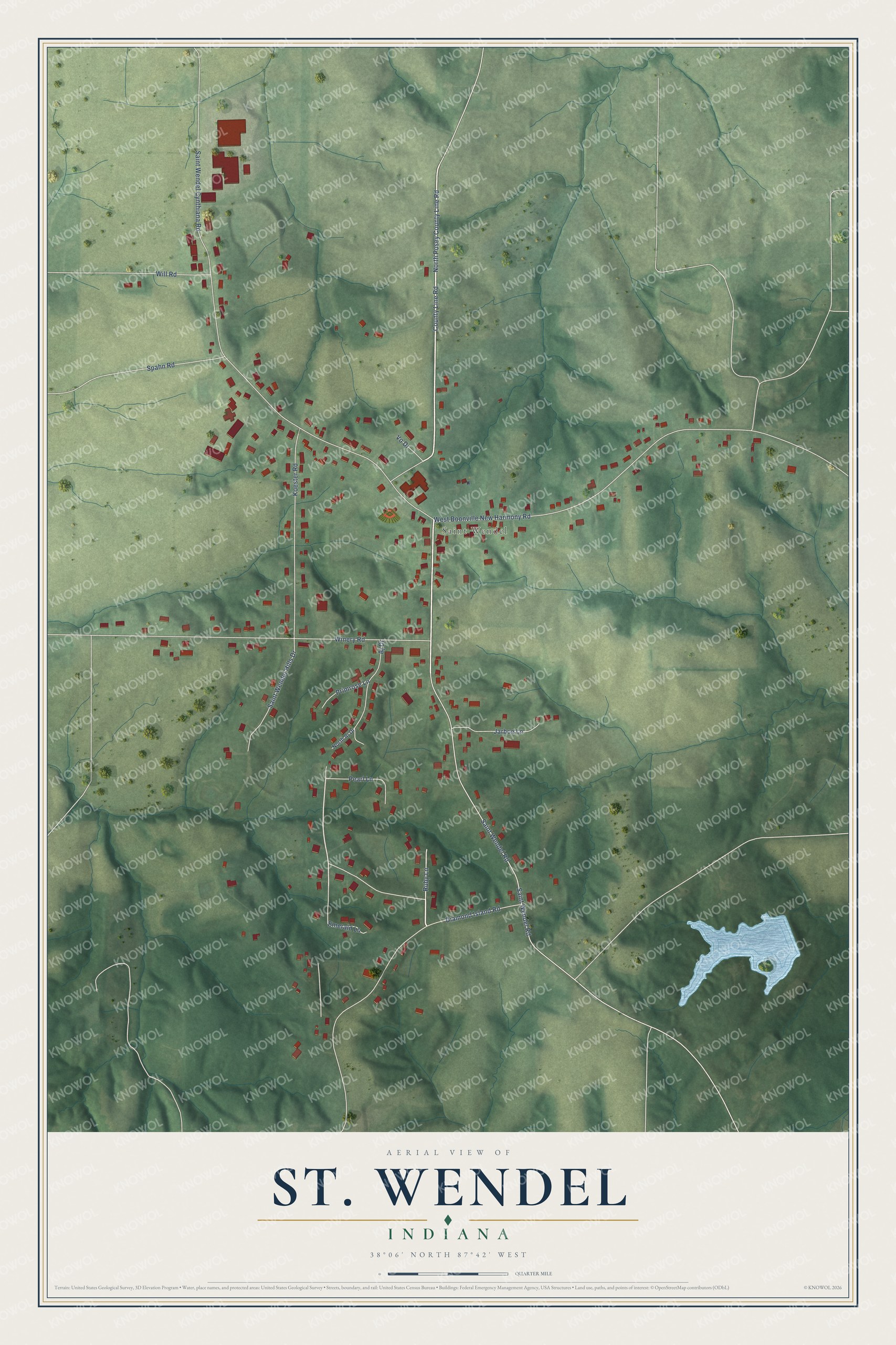 Full map of St. Wendel, Indiana, with red buildings, printed street names and the land around them
