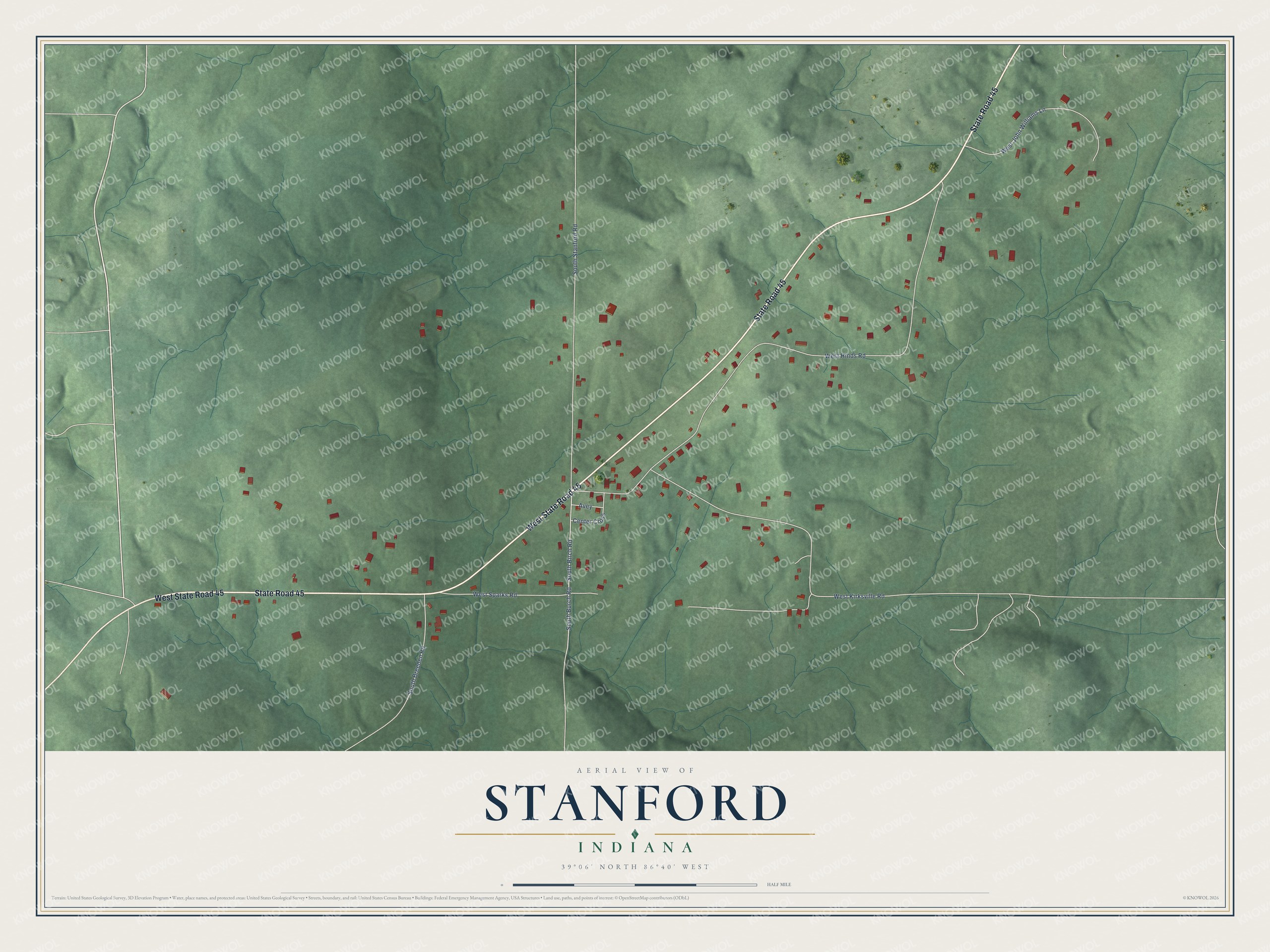 Full map of Stanford, Indiana, with red buildings, printed street names and the land around them