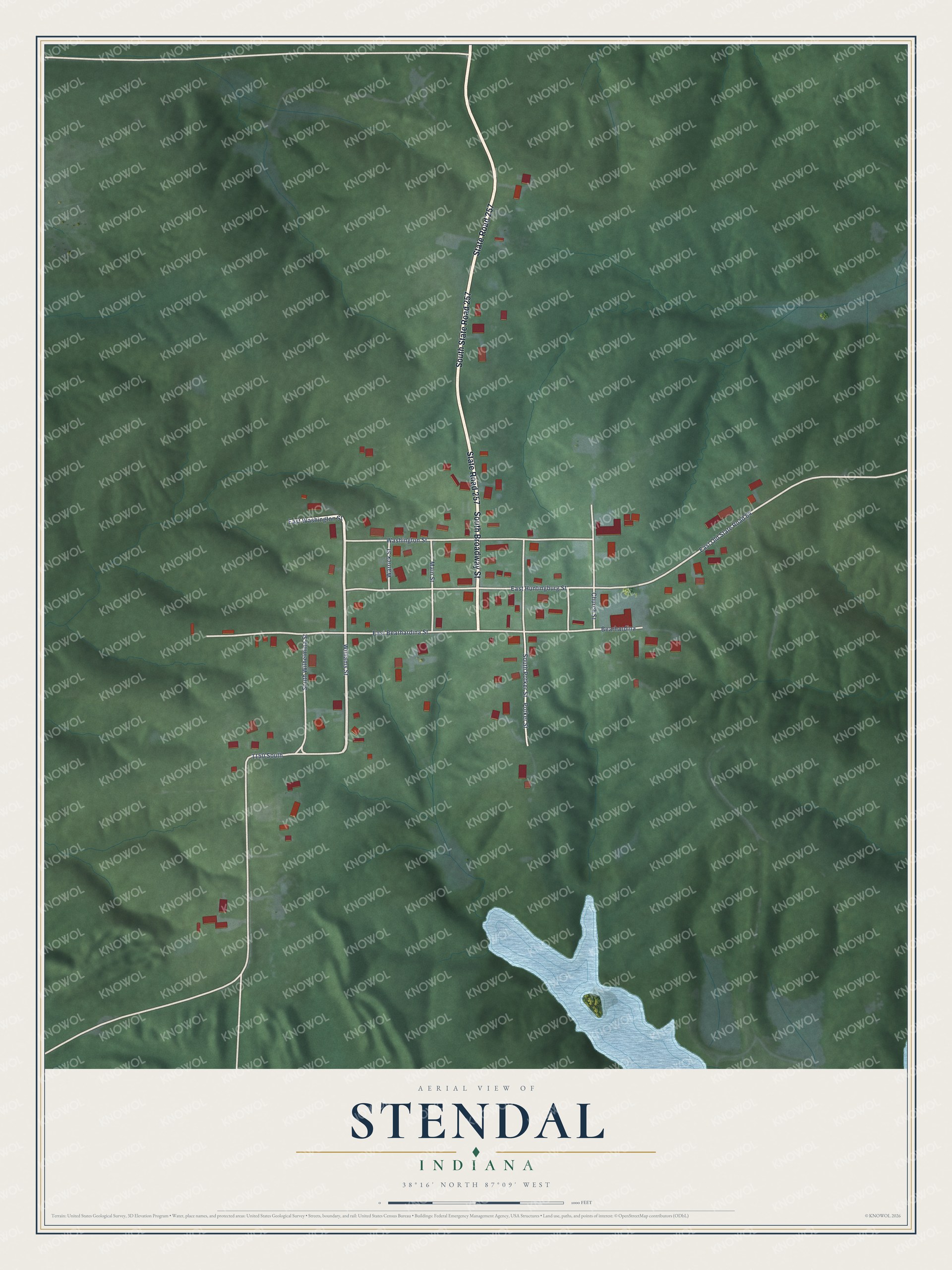Full map of Stendal, Indiana, with red buildings, printed street names and the land around them