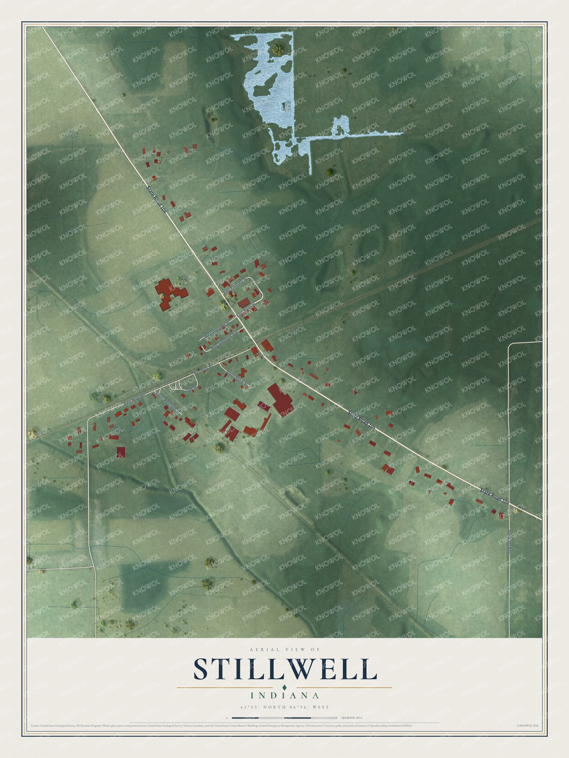 Full map of Stillwell, Indiana, with red buildings, printed street names and the land around them