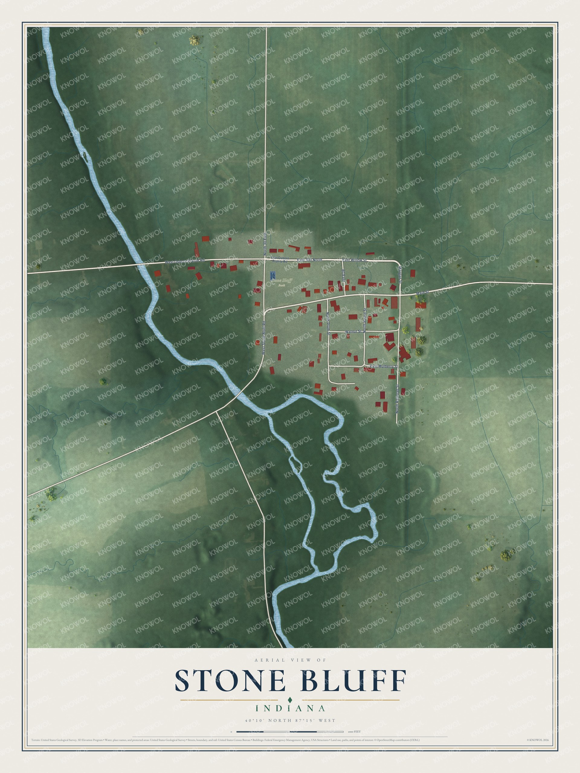 Full map of Stone Bluff, Indiana, with red buildings, printed street names and the land around them