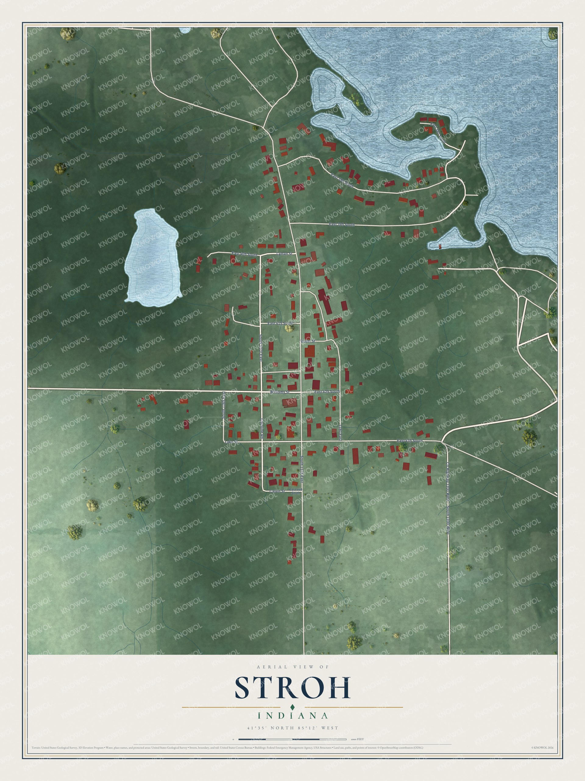 Full map of Stroh, Indiana, with red buildings, printed street names and the land around them