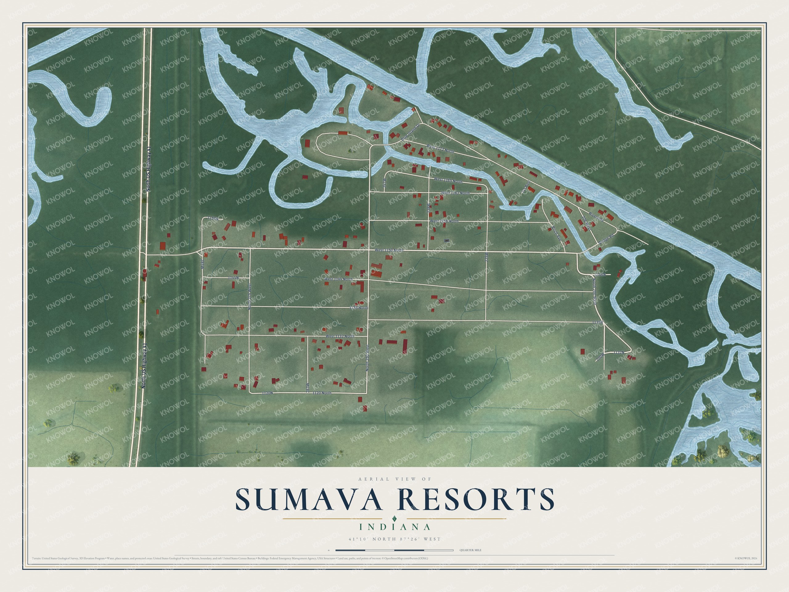 Full map of Sumava Resorts, Indiana, with red buildings, printed street names and the land around them