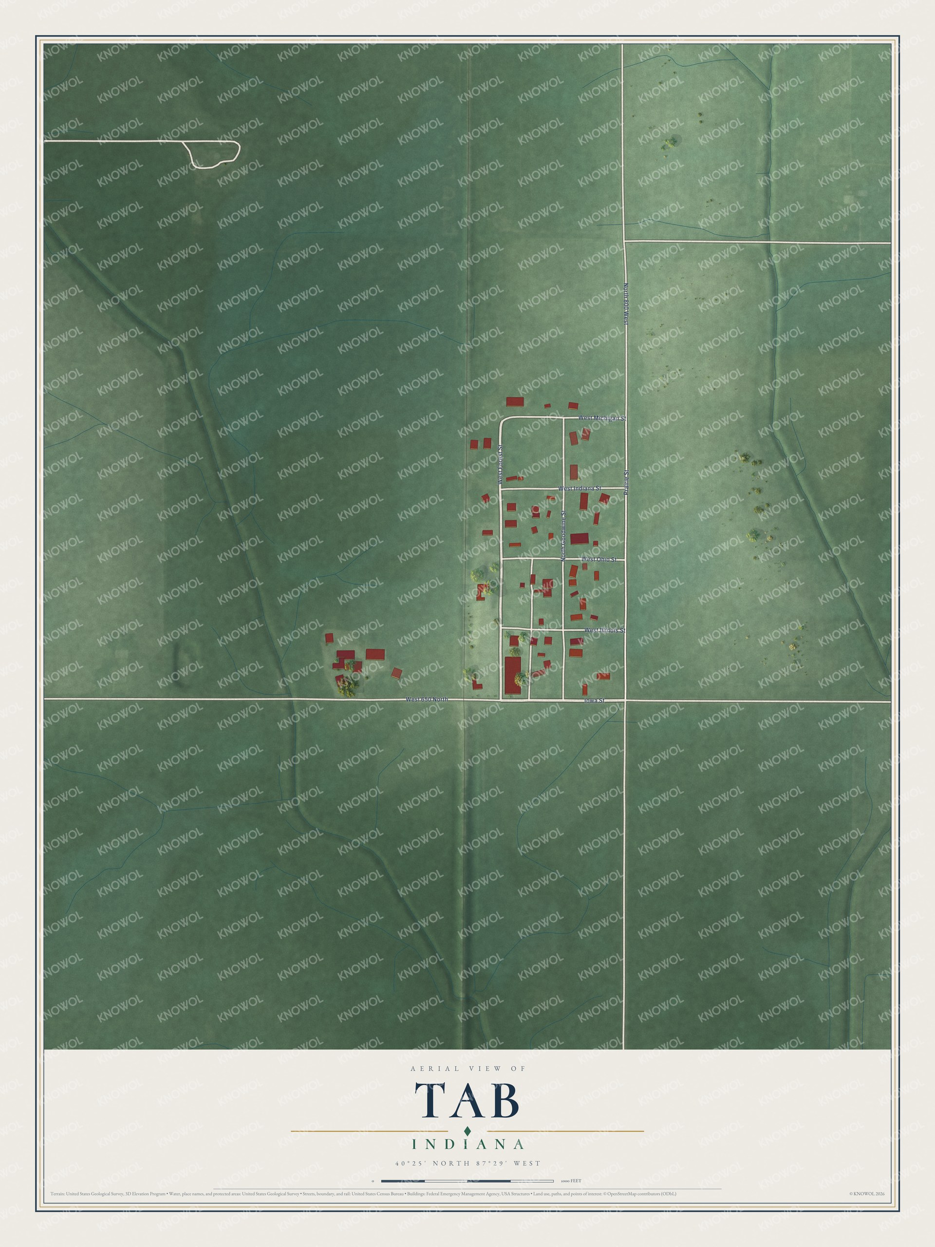 Full map of Tab, Indiana, with red buildings, printed street names and the land around them