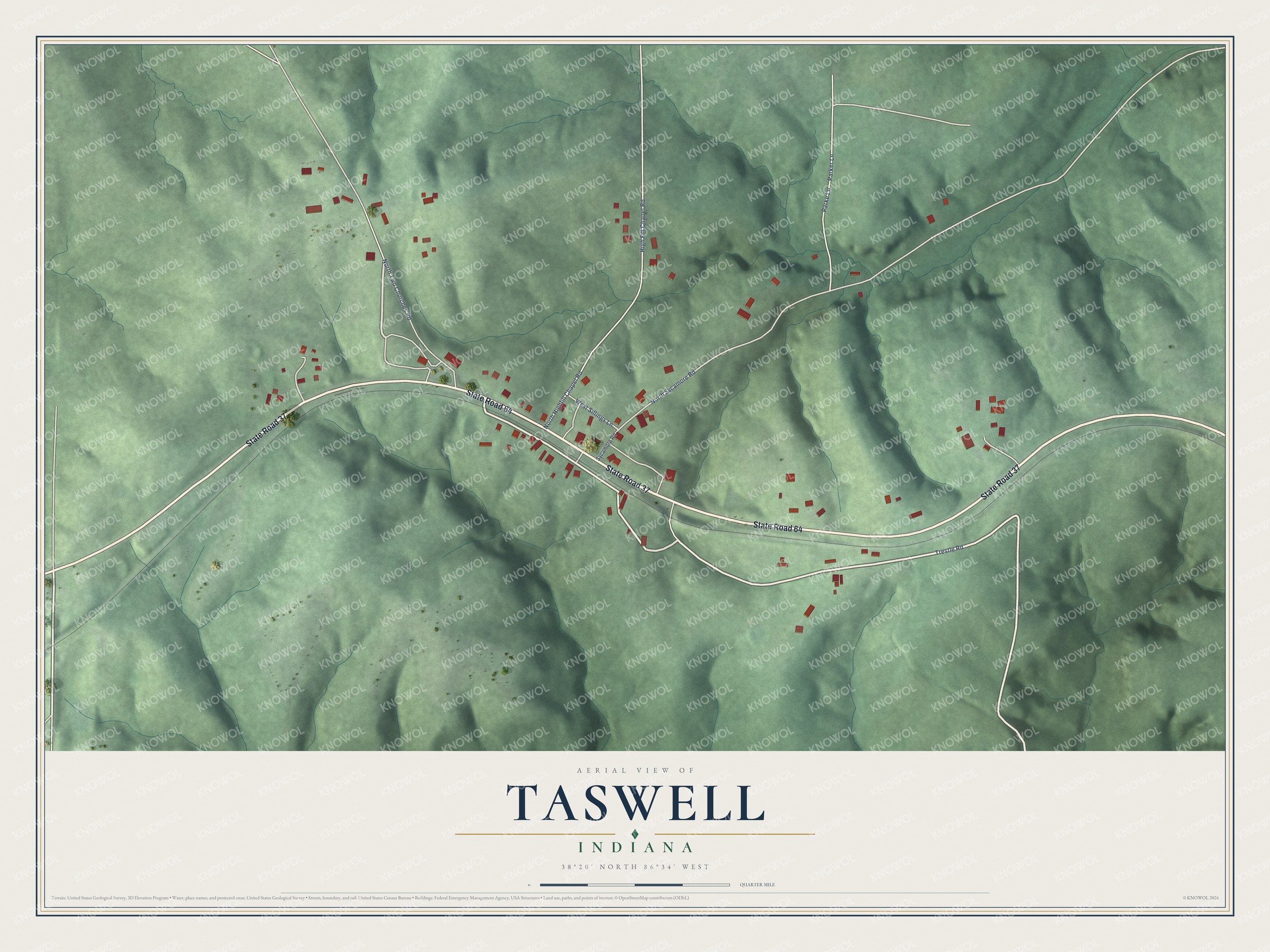 Full map of Taswell, Indiana, with red buildings, printed street names and the land around them